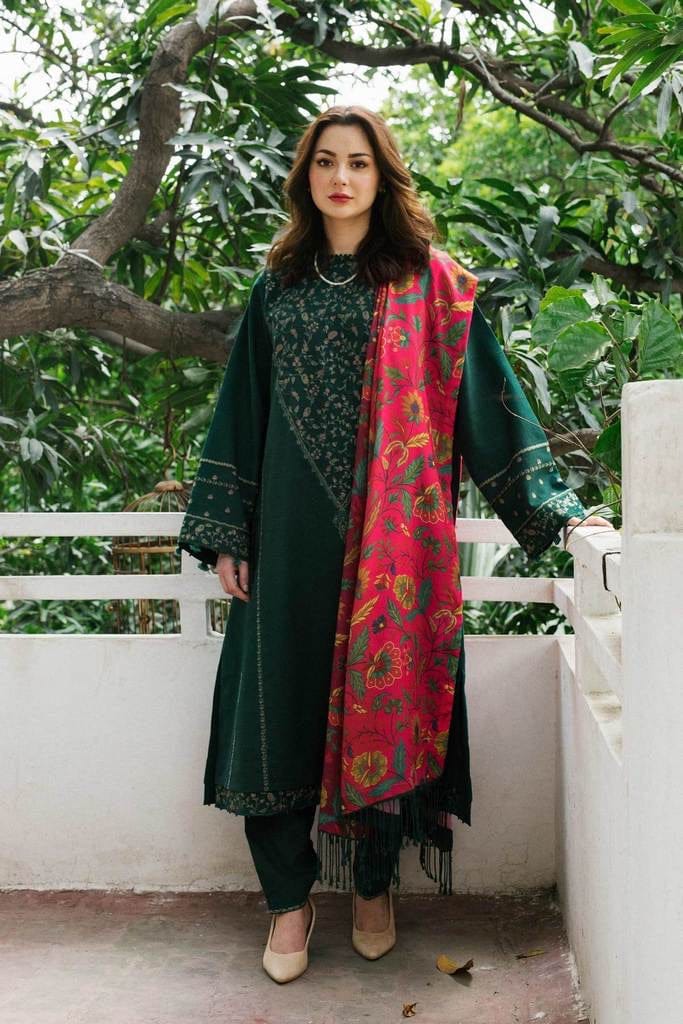 3 Piece - Dhanak Embroidered Suit with Digital Printed Twill Pashmina Wool Shawl (Unstitched)