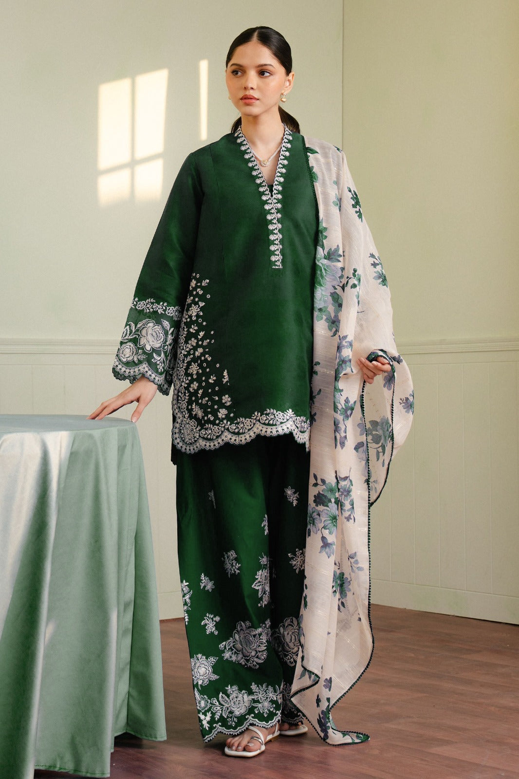 3 Piece - Zara Shahjahan Dhanak Full Heavy Embroidered Suit with Digital Printed Soft Pashmina Wool Shawl (Unstitched)