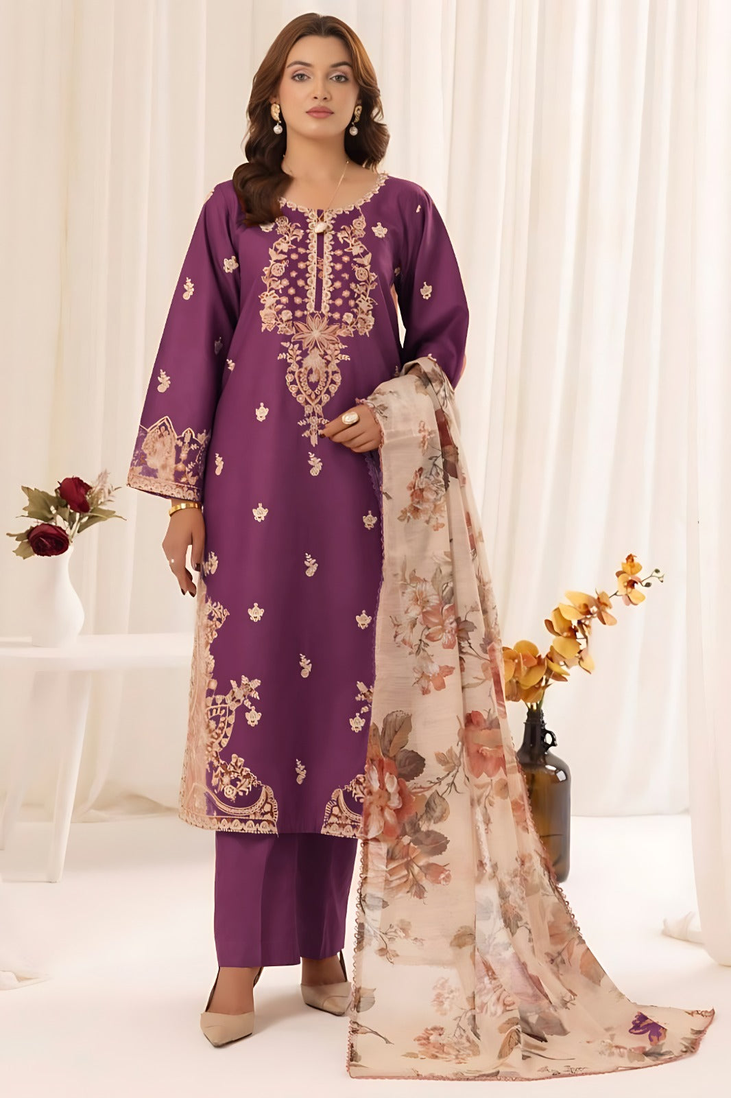3 Piece - Dhanak Embroidered Suit with Digital Printed Twill Pashmina Wool Shawl (Unstitched)