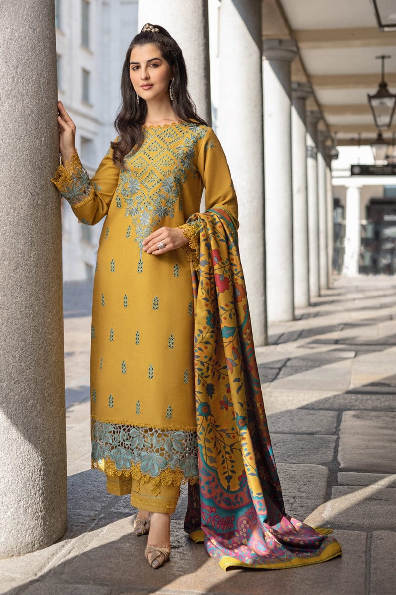 3 Piece - Dhanak Embroidered Suit with Digital Printed Twill Pashmina Wool Shawl (Unstitched)