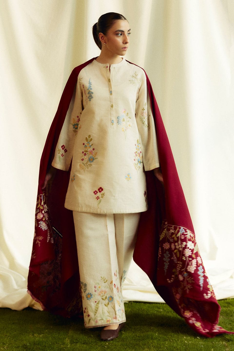 3 Piece - Dhanak Embroidered Suit with Digital Printed Twill Pashmina Wool Shawl (Unstitched)