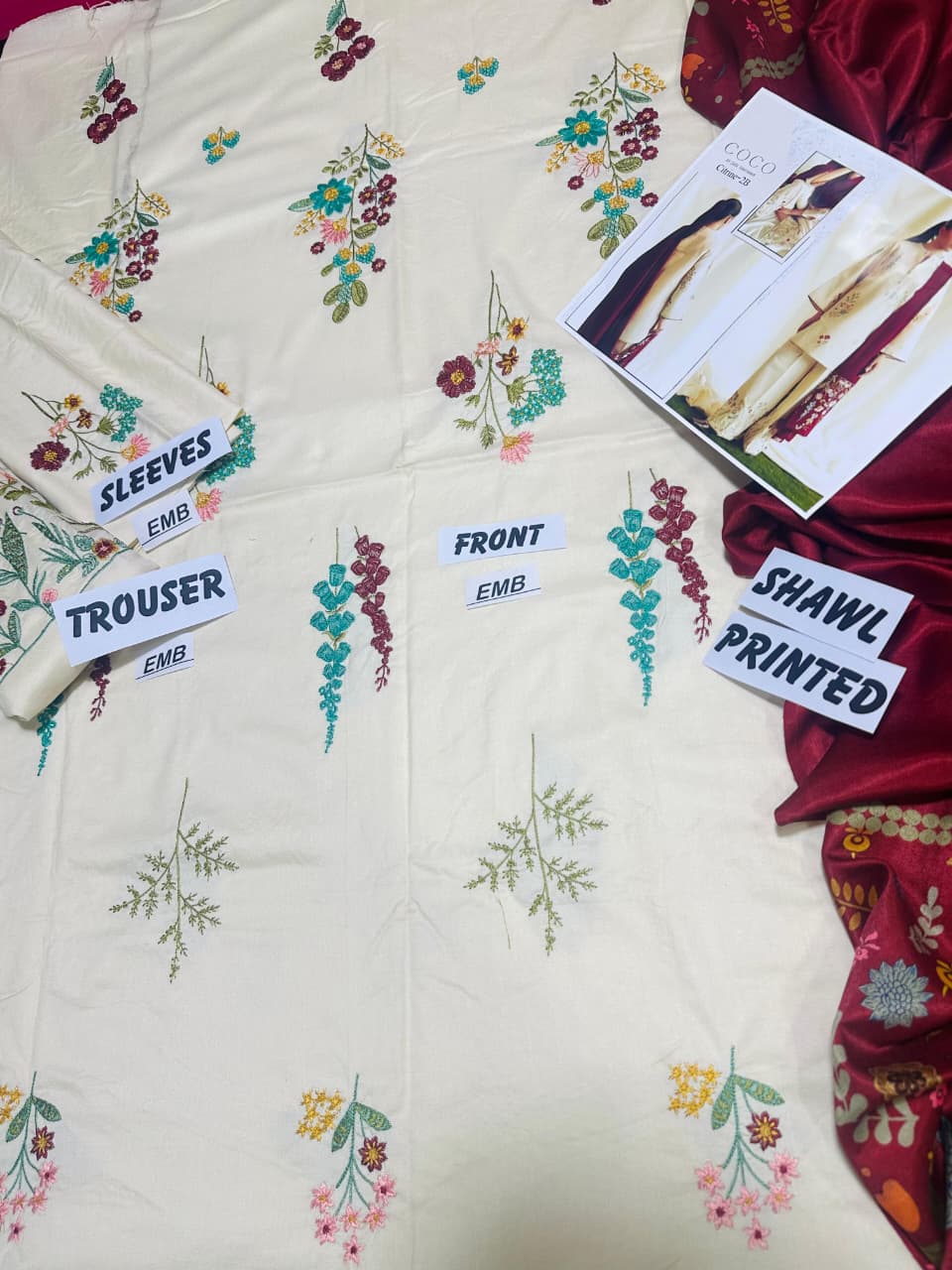 3 Piece - Dhanak Embroidered Suit with Digital Printed Twill Pashmina Wool Shawl (Unstitched)