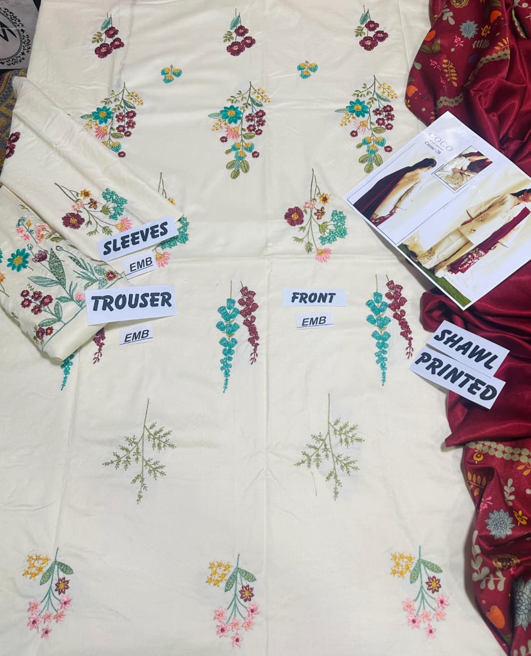 3 Piece - Dhanak Embroidered Suit with Digital Printed Twill Pashmina Wool Shawl (Unstitched)