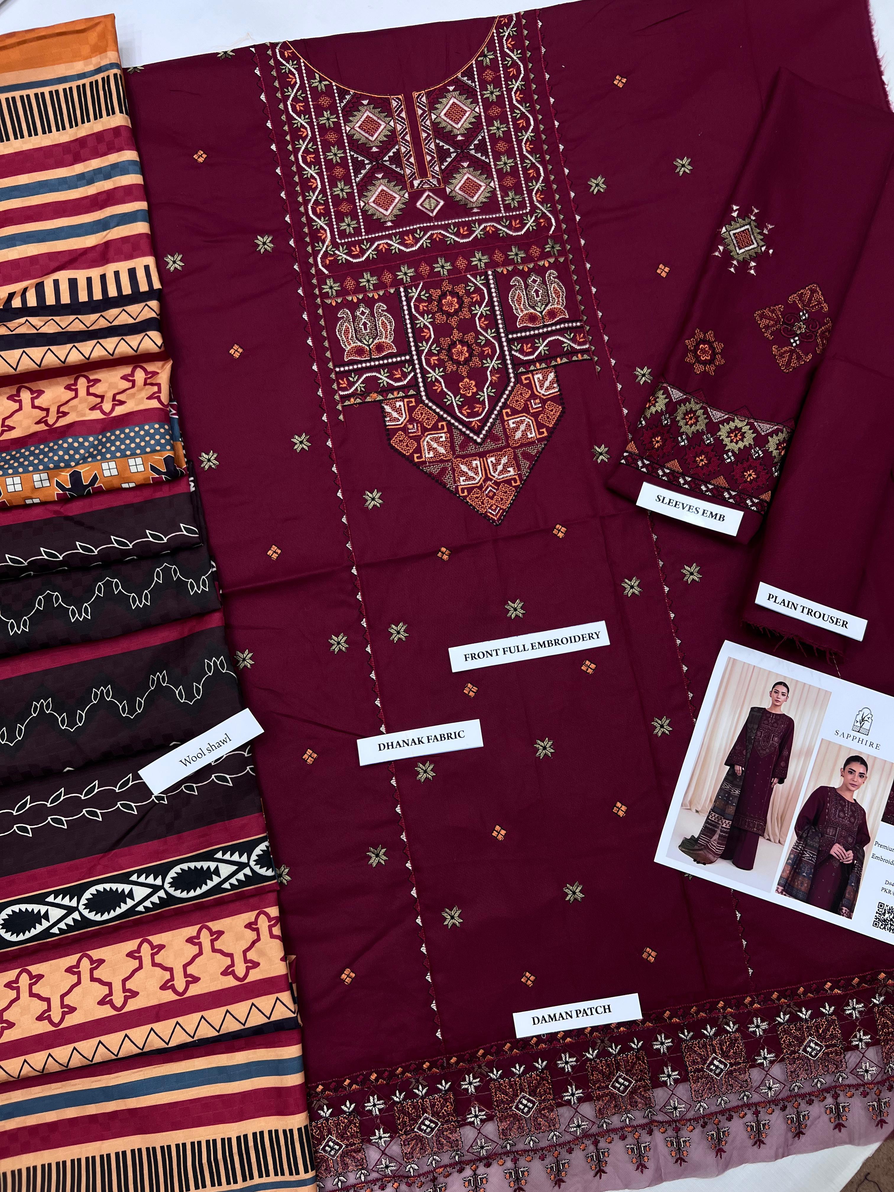 3 Piece - Dhanak Full Heavy Embroidered Suit with Digital Print Wool Shawl Dupatta (Unstitched)