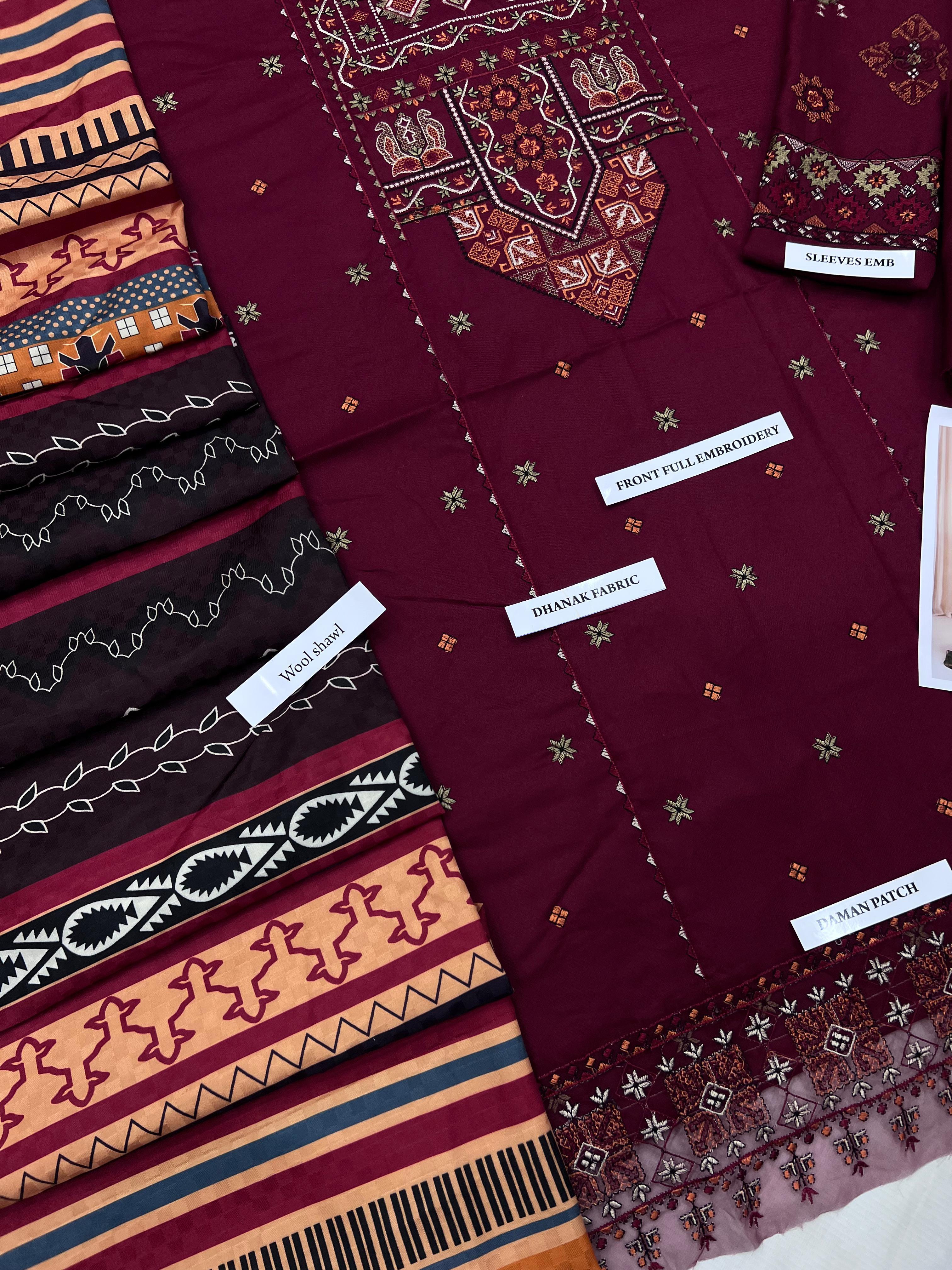 3 Piece - Dhanak Full Heavy Embroidered Suit with Digital Print Wool Shawl Dupatta (Unstitched)