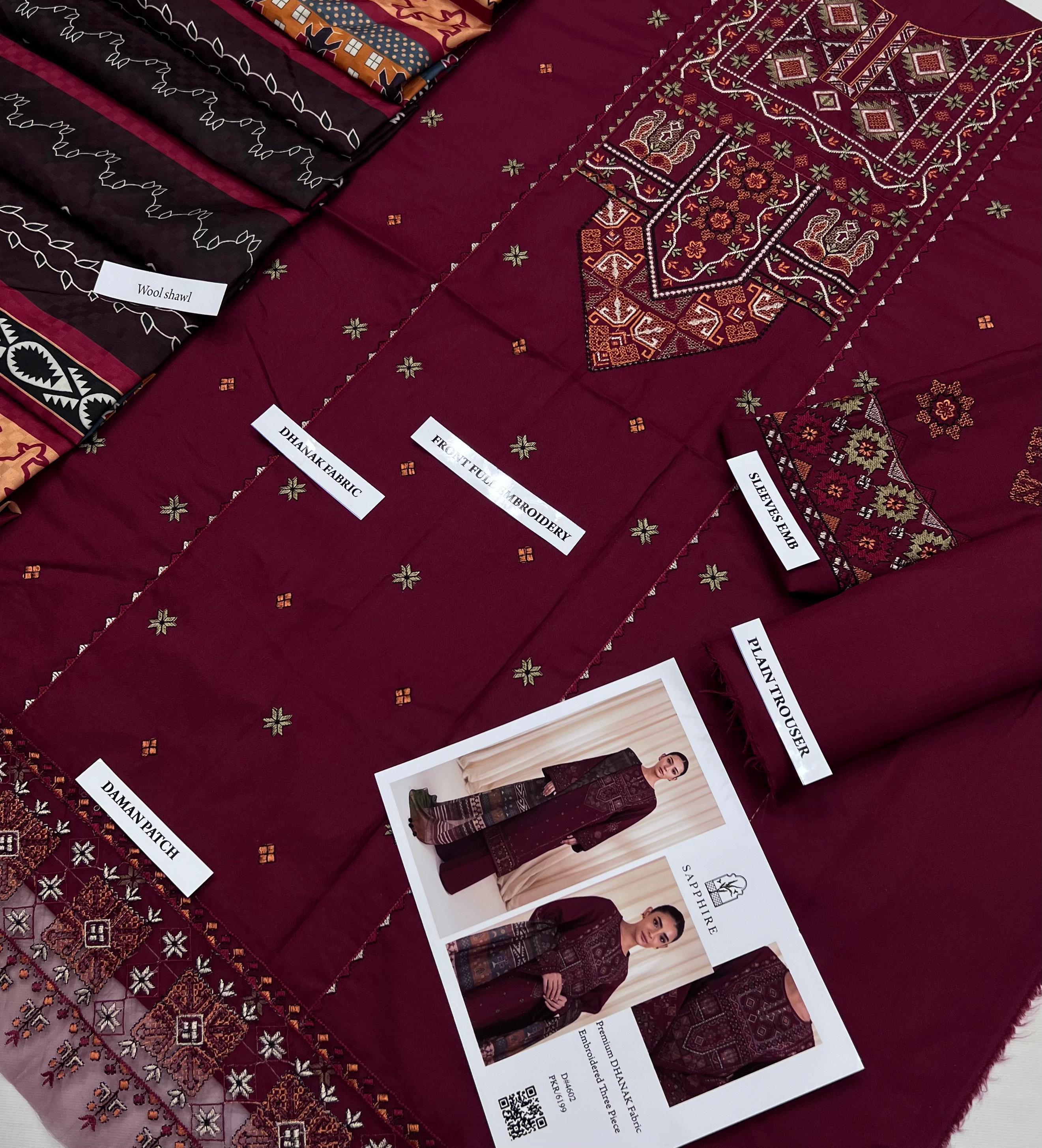 3 Piece - Dhanak Full Heavy Embroidered Suit with Digital Print Wool Shawl Dupatta (Unstitched)