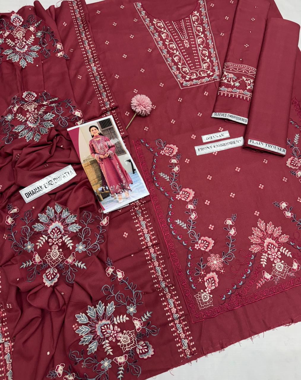 3 Piece - Dhanak Full Heavy Embroidered Suit with Dhanak Embroidered Shawl (Unstitched)