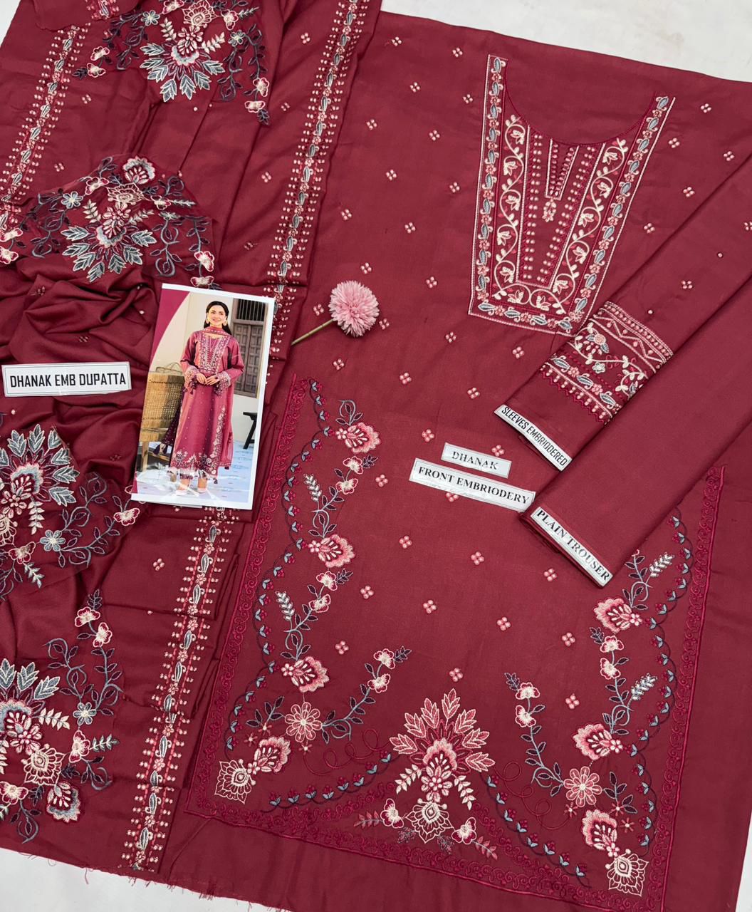 3 Piece - Dhanak Full Heavy Embroidered Suit with Dhanak Embroidered Shawl (Unstitched)