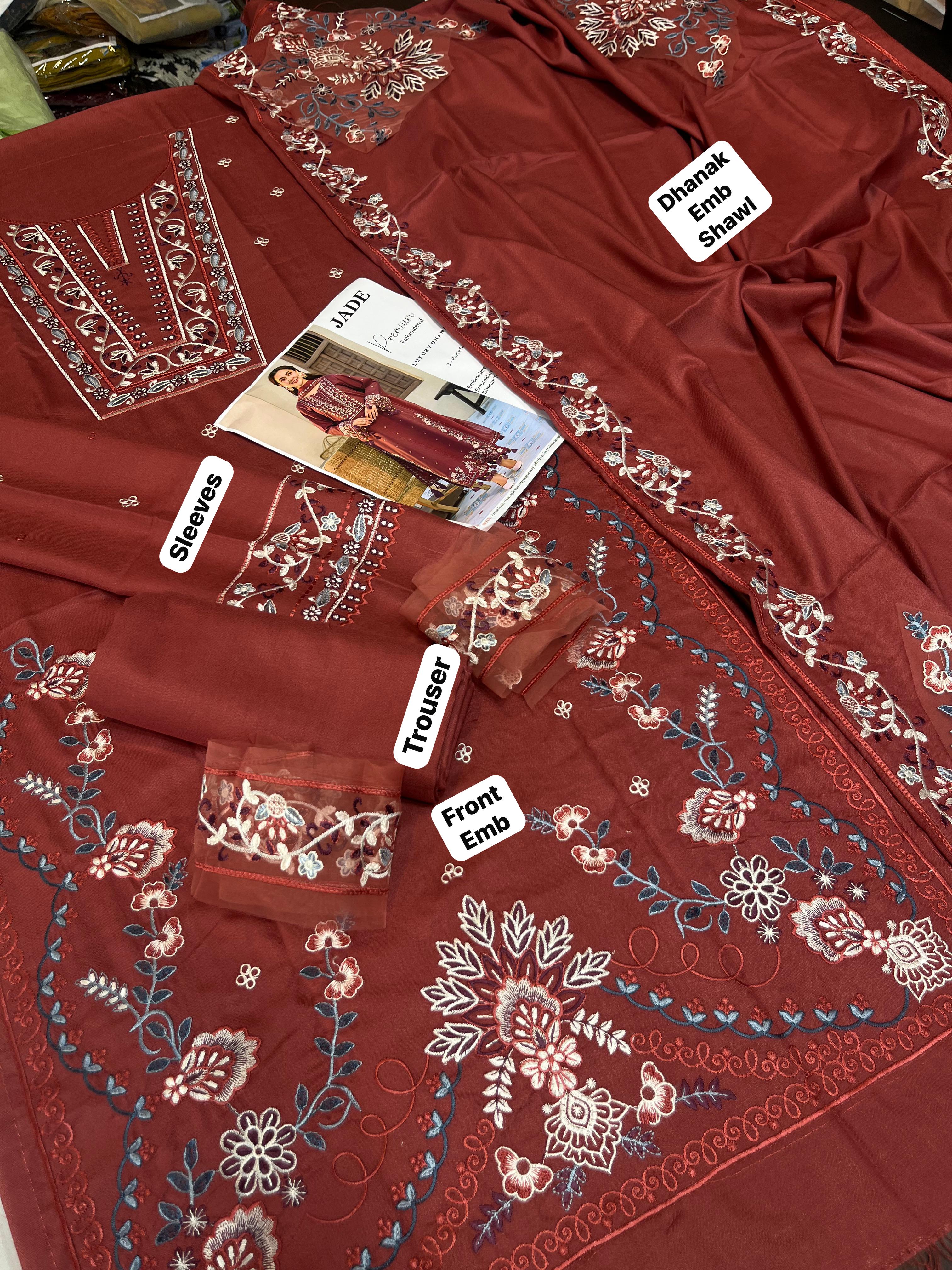 3 Piece - Dhanak Full Heavy Embroidered Suit with Dhanak Embroidered Shawl (Unstitched)