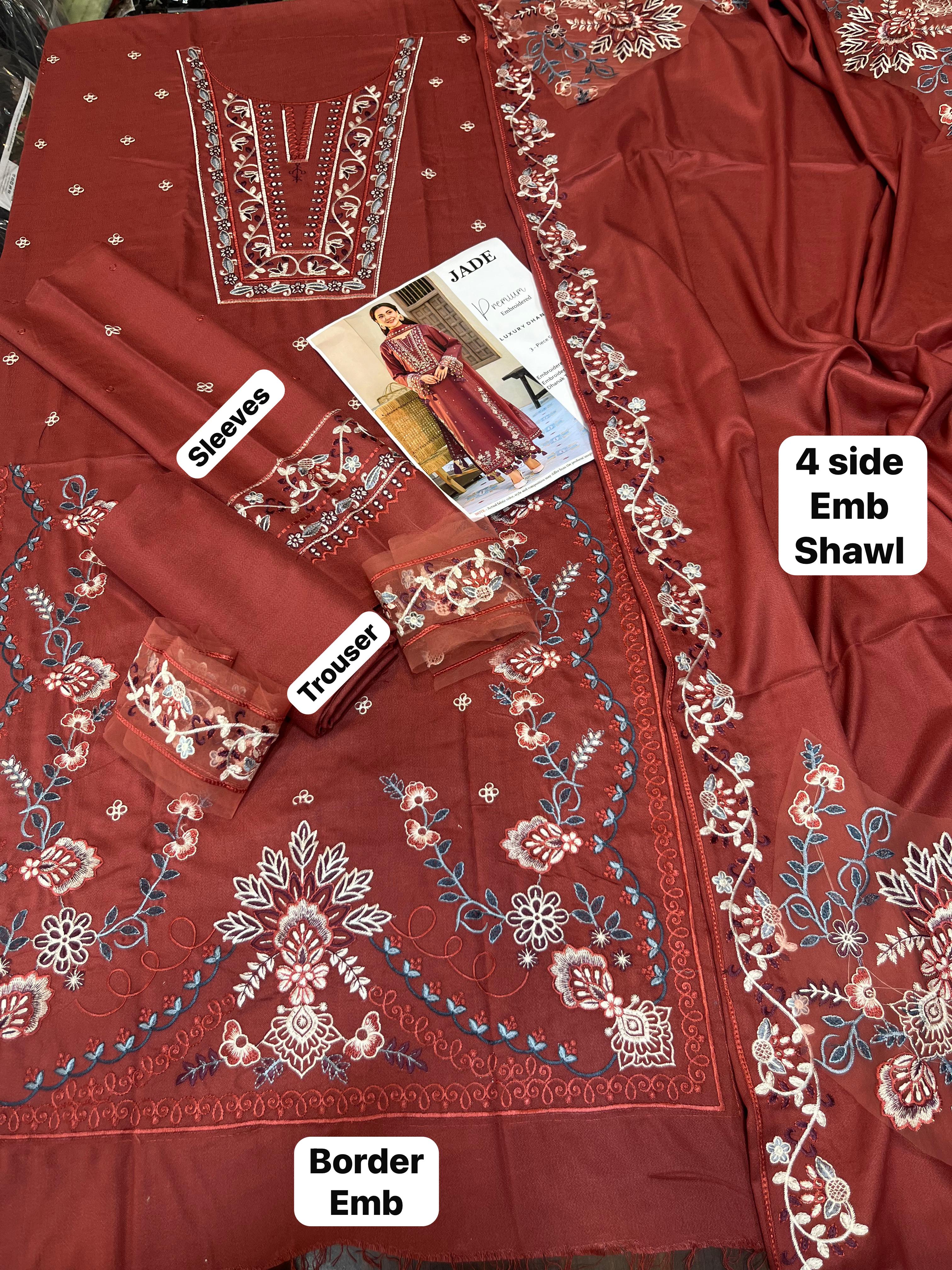 3 Piece - Dhanak Full Heavy Embroidered Suit with Dhanak Embroidered Shawl (Unstitched)