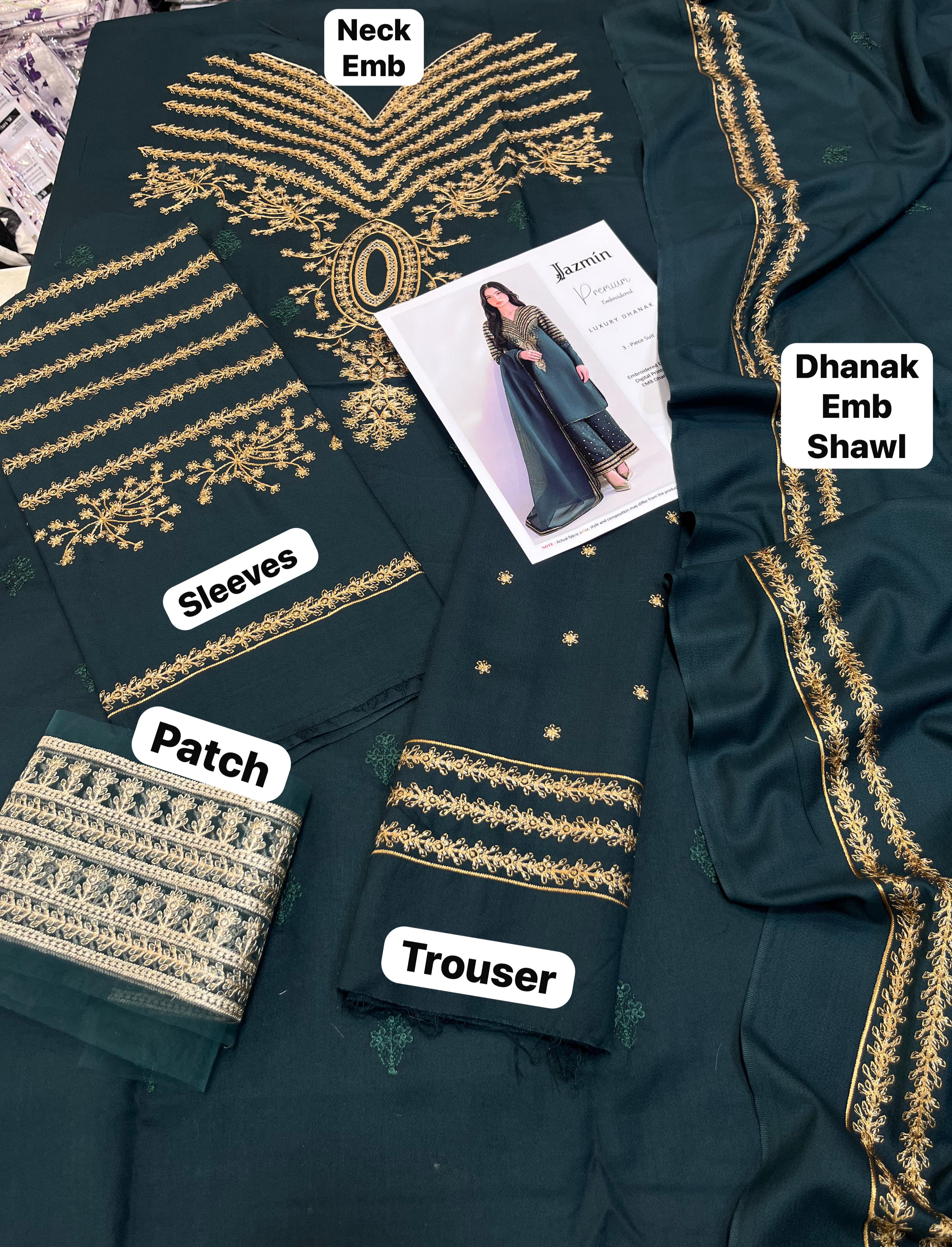 3 Piece - Jazmin Dhanak Full Heavy Embroidered Suit with Heavy Dhanak Embroidered Shawl (Unstitched)