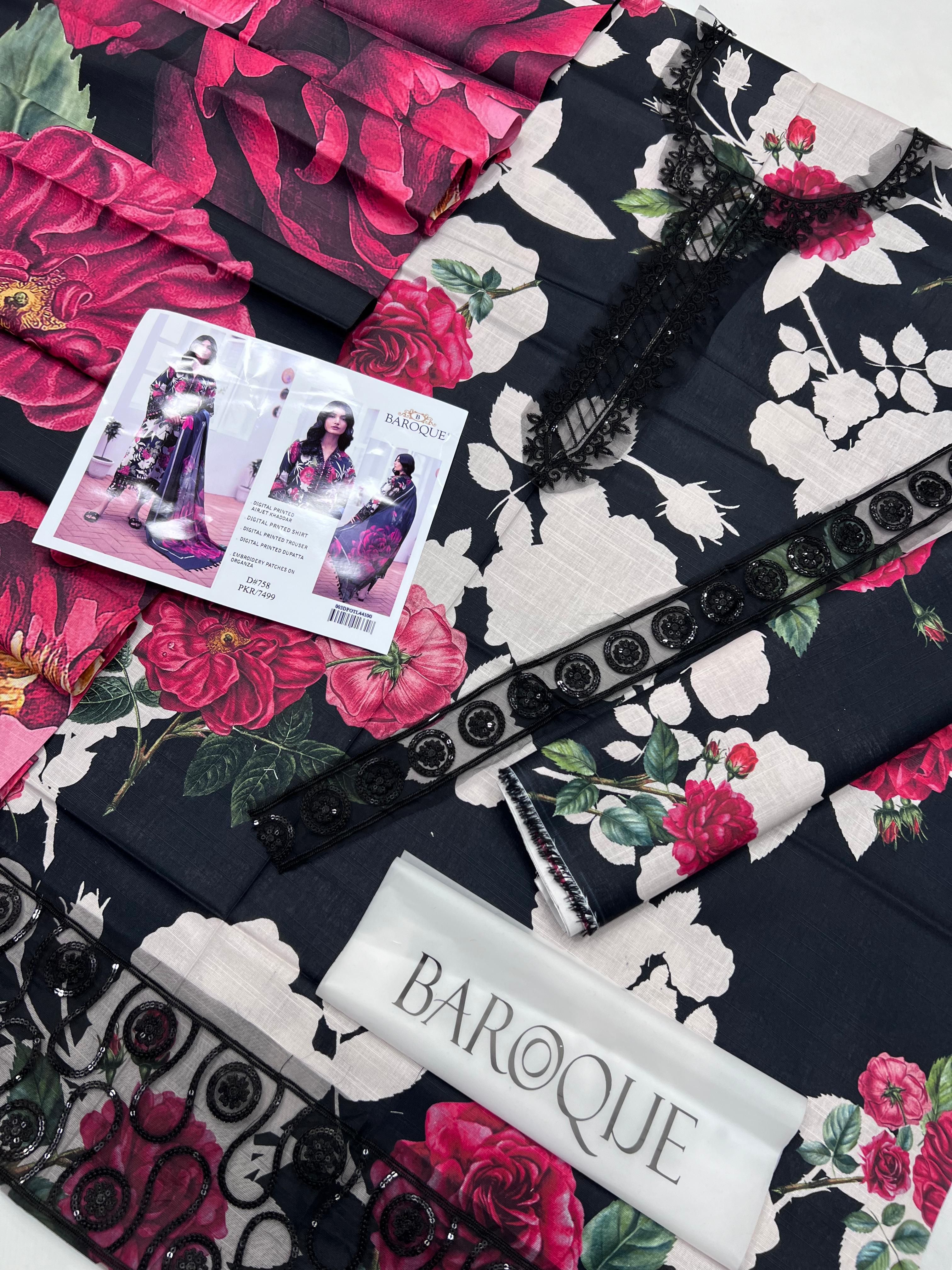 3 Piece - Baroque Khaddar Full Heavy Embroidered Suit with Digital Printed Khaddar Dupatta (Unstitched)