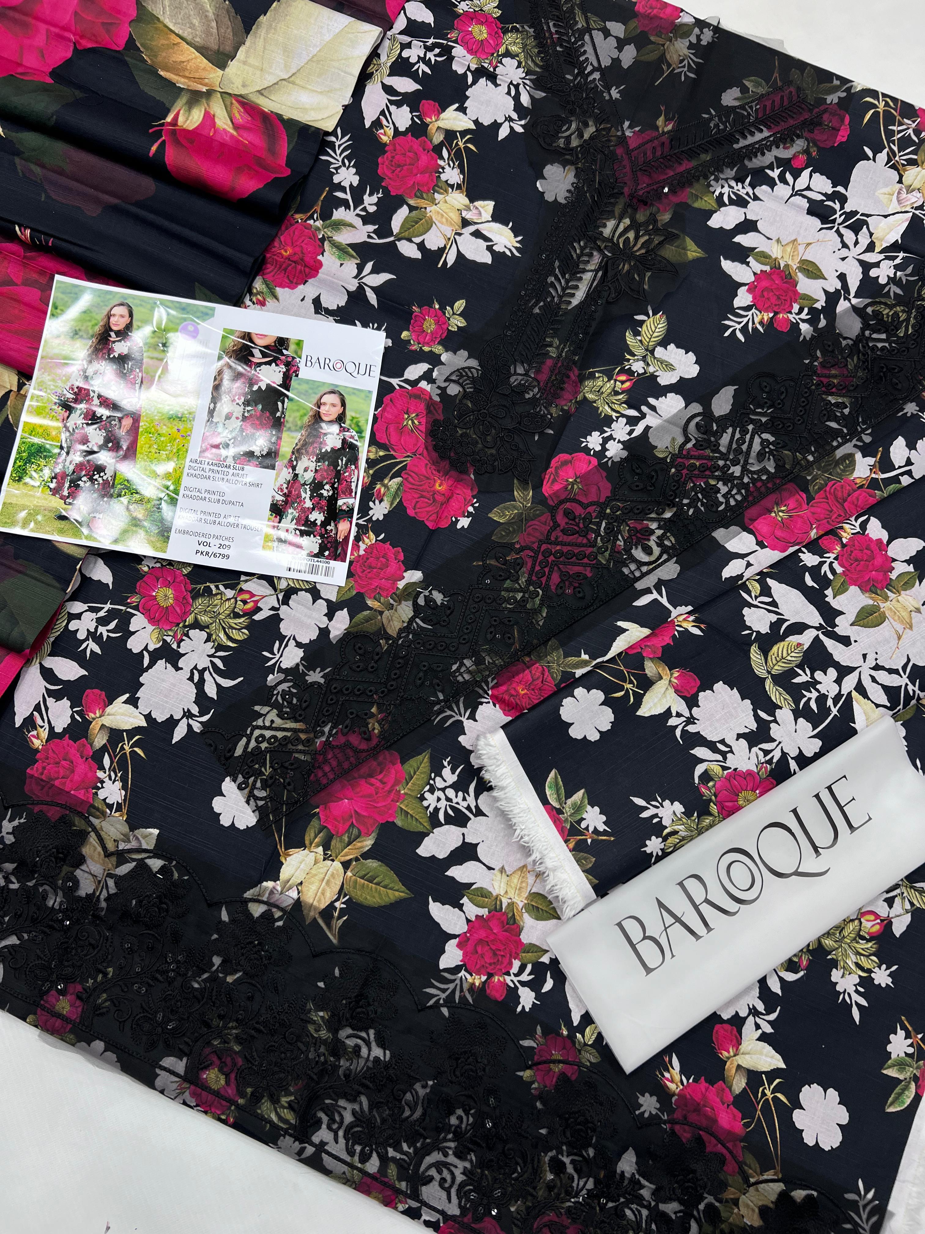 3 Piece - Baroque Khaddar Full Heavy Embroidered Suit with Digital Printed Khaddar Dupatta (Unstitched)