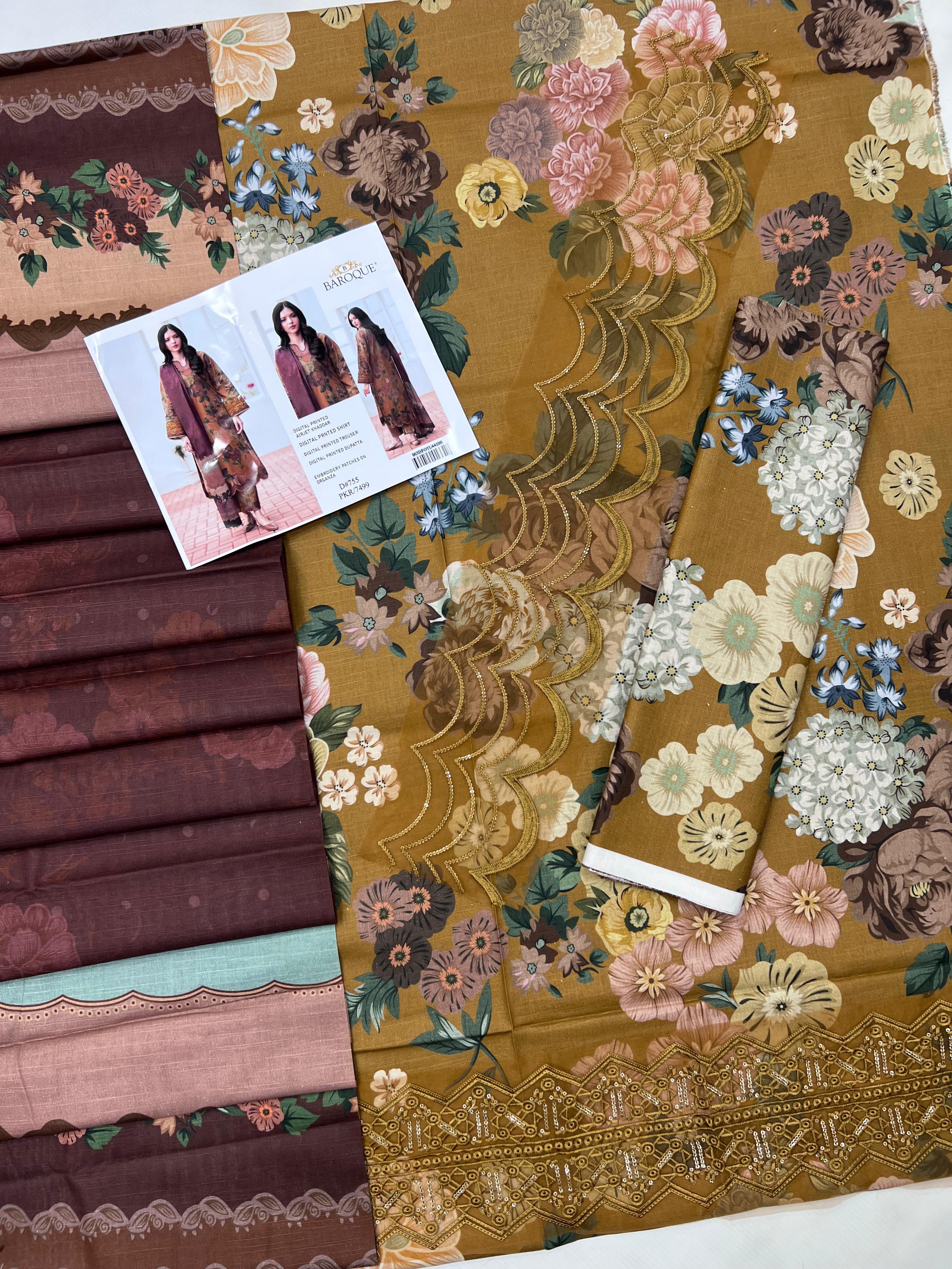 3 Piece - Baroque Khaddar Full Heavy Embroidered Suit with Digital Printed Khaddar Dupatta (Unstitched)