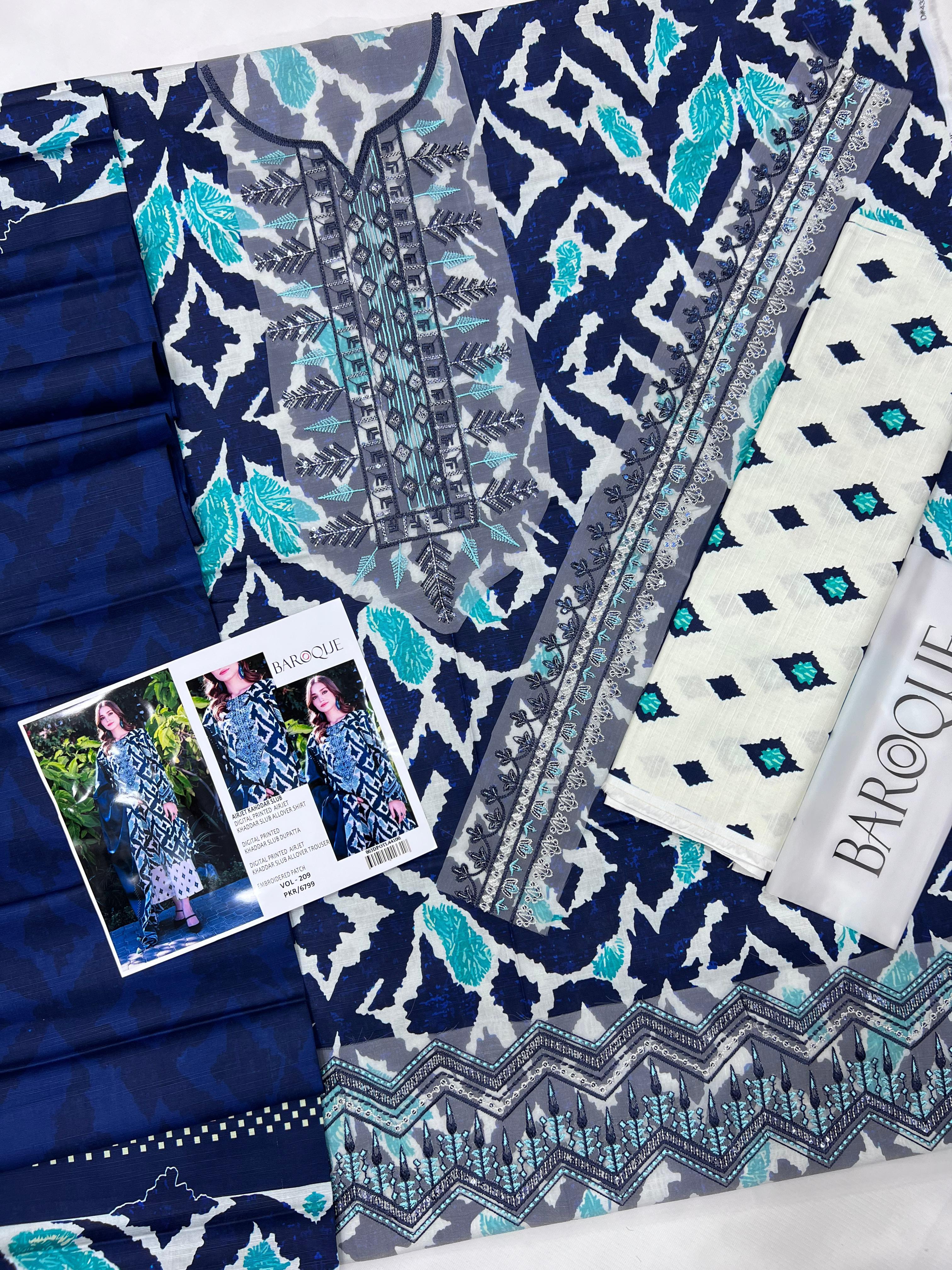 3 Piece - Baroque Khaddar Full Heavy Embroidered Suit with Digital Printed Khaddar Dupatta (Unstitched)