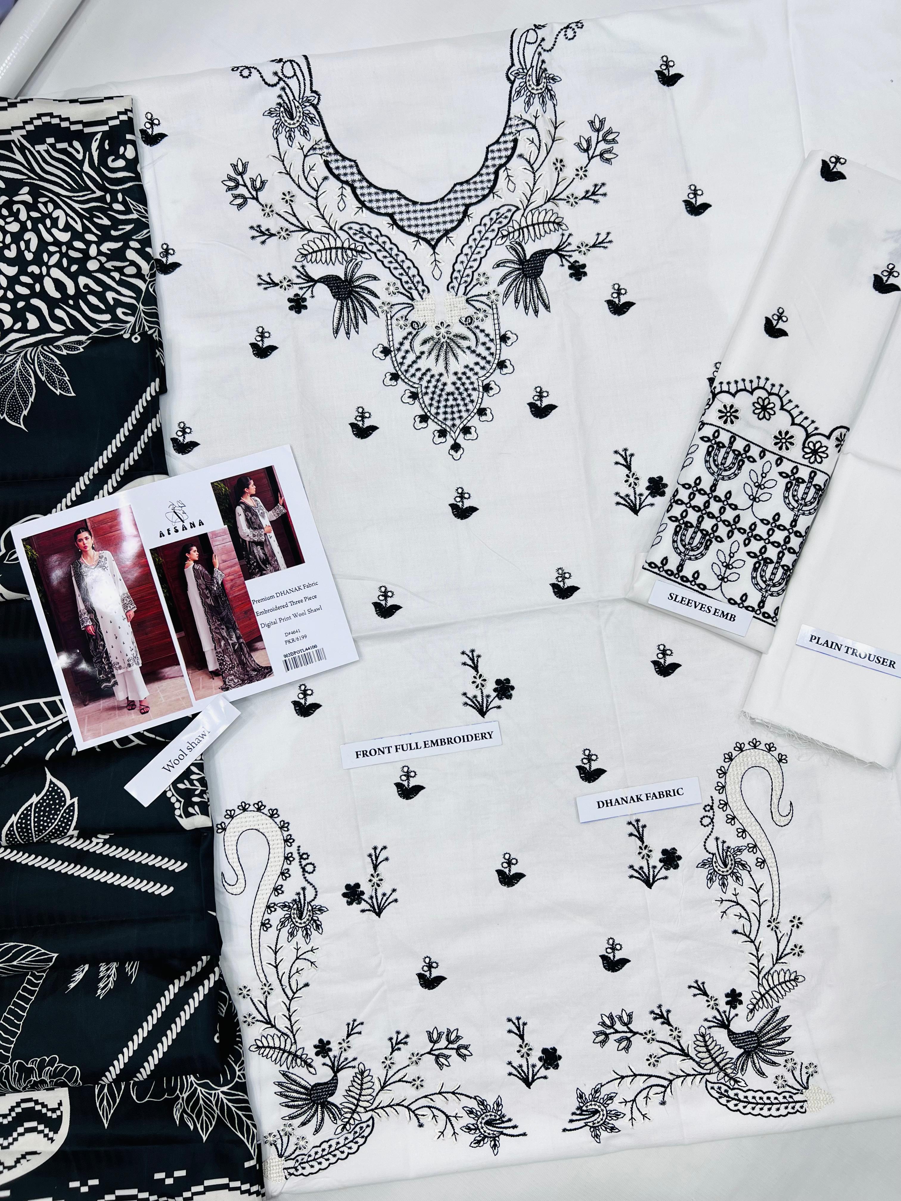 3 Piece - Dhanak Full Heavy Embroidered Suit with Digital Print Wool Shawl (Unstitched)