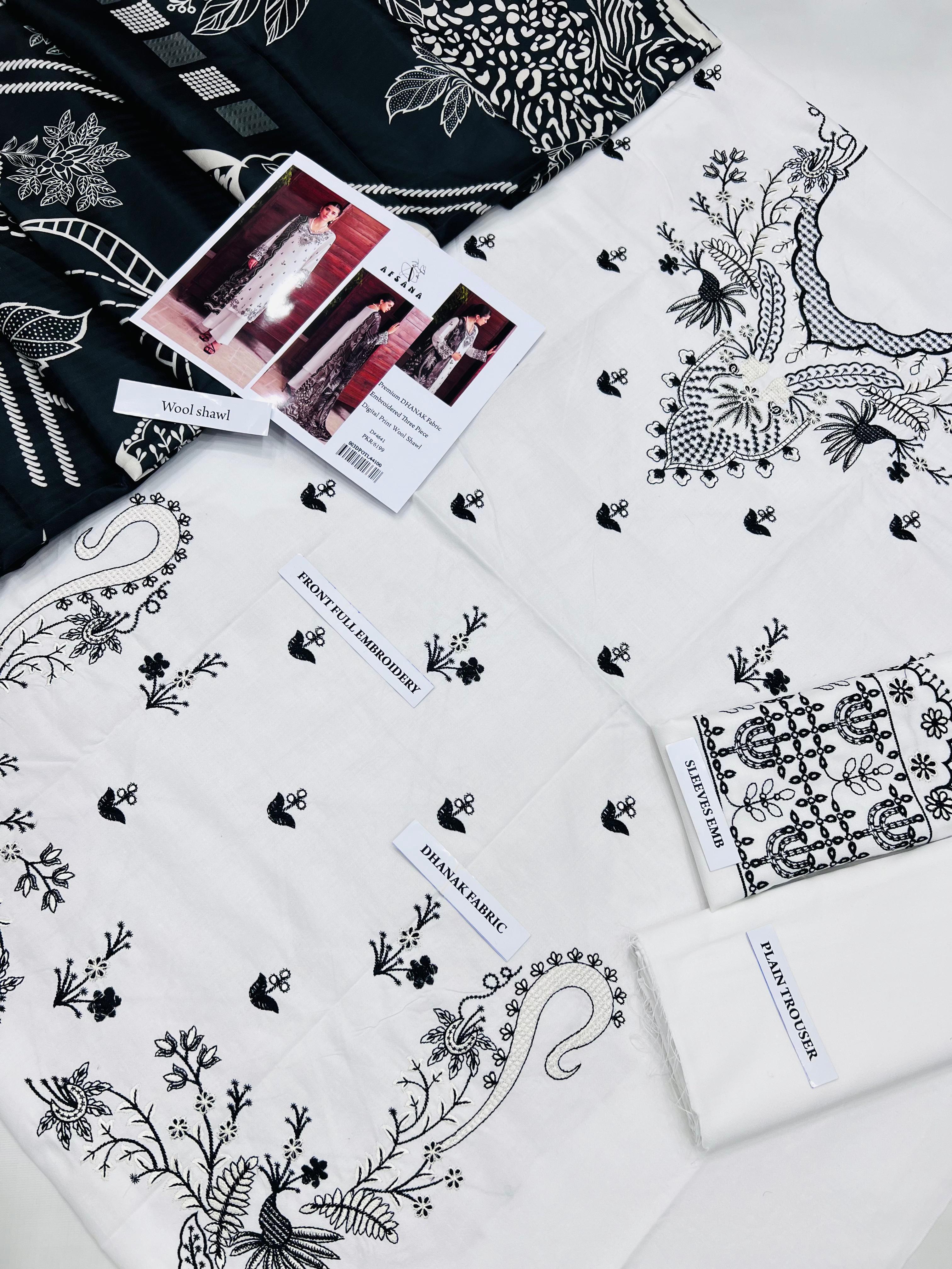 3 Piece - Dhanak Full Heavy Embroidered Suit with Digital Print Wool Shawl (Unstitched)