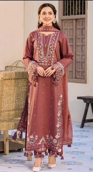 3 Piece - Dhanak Full Heavy Embroidered Suit with Dhanak Embroidered Shawl (Unstitched)
