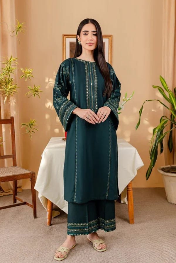 2 Piece - Dhanak Full Heavy Embroidered Suit with Plain Dyed Trouser (Unstitched)