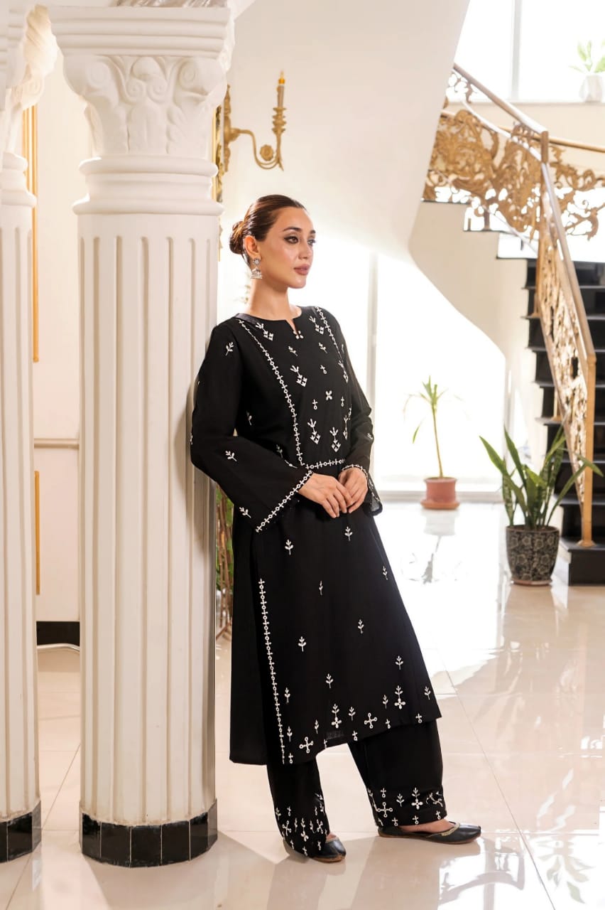 2 Piece - Dhanak Full Heavy Embroidered Suit with Plain Dyed Trouser (Unstitched)