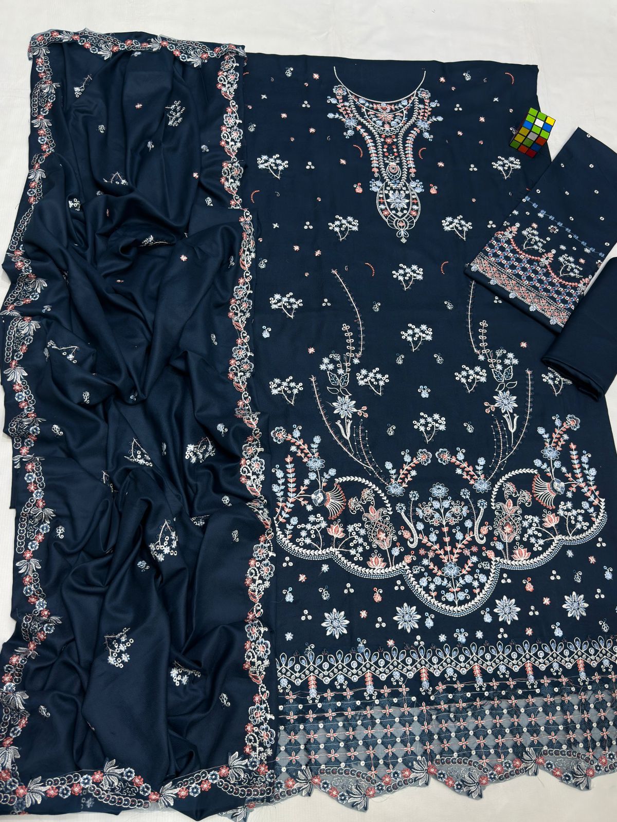 3 Piece - Dhanak Embroidered Suit with Dhanak Embroidered Shawl (Unstitched)