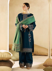 3 Piece - Dhanak Embroidered Suit with Dhanak Embroidered Shawl (Unstitched)
