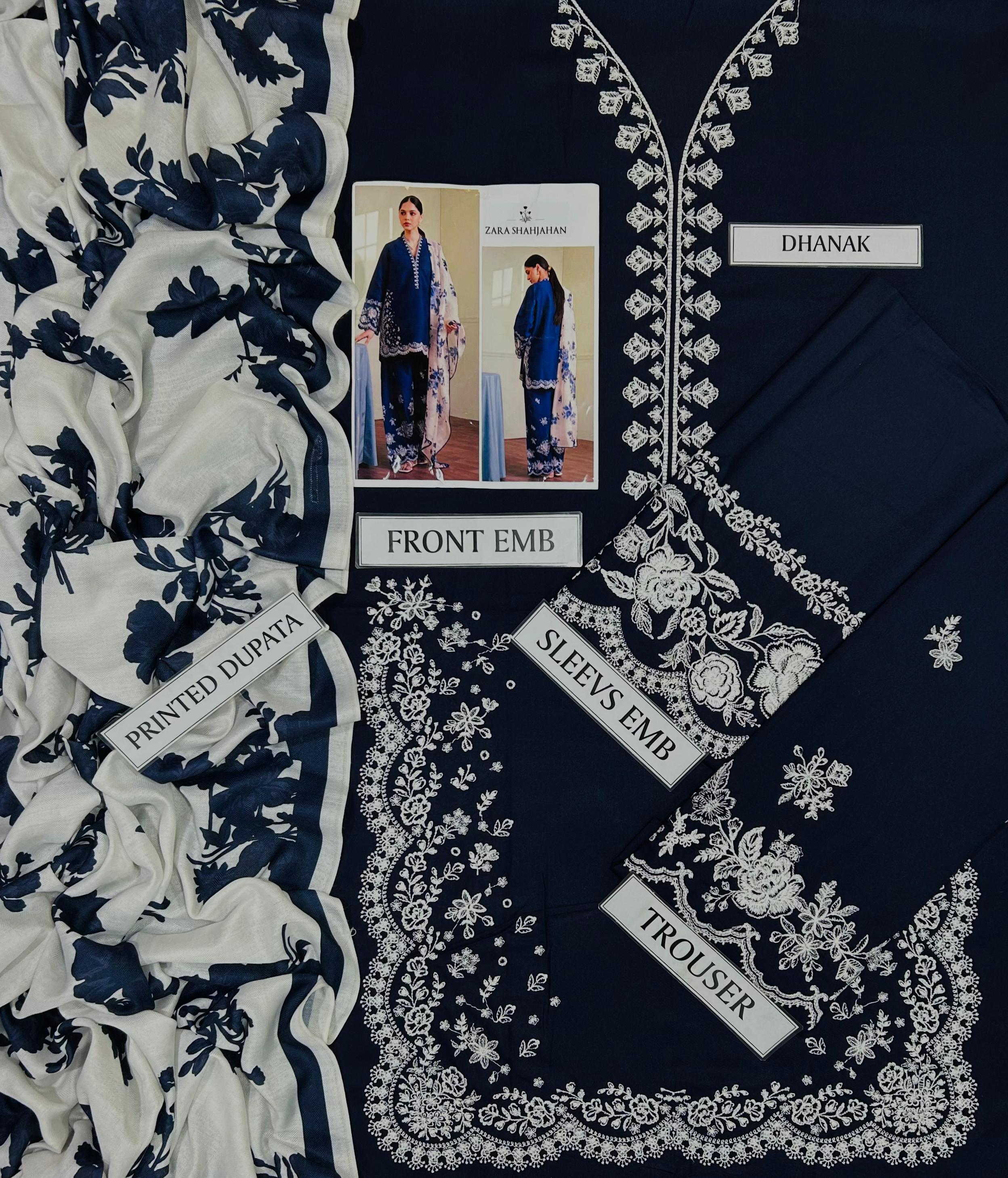3 Piece - Zara Shahjahan Dhanak Full Heavy Embroidered Suit with Digital Printed Soft Pashmina Wool Shawl (Unstitched)