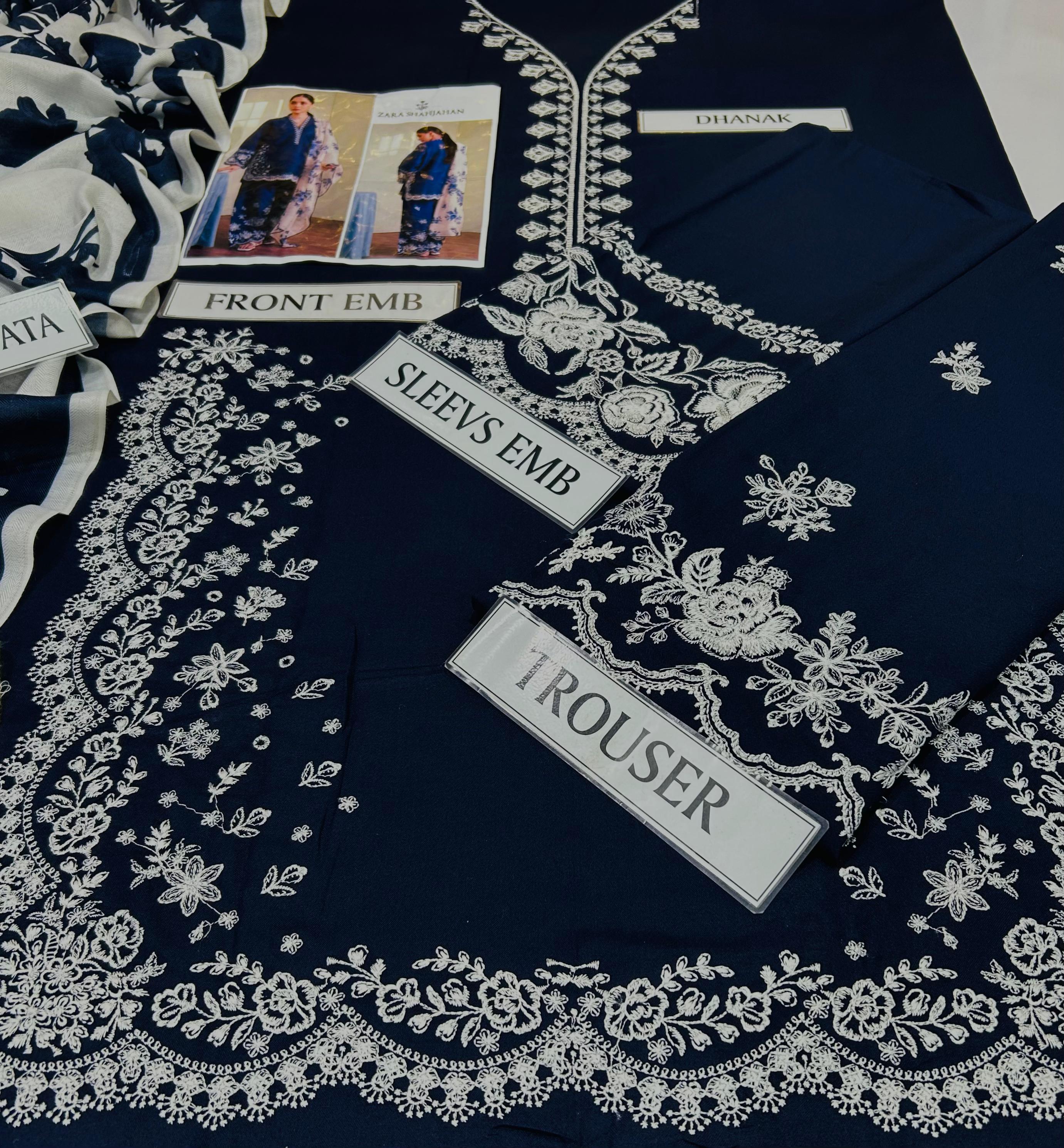 3 Piece - Zara Shahjahan Dhanak Full Heavy Embroidered Suit with Digital Printed Soft Pashmina Wool Shawl (Unstitched)