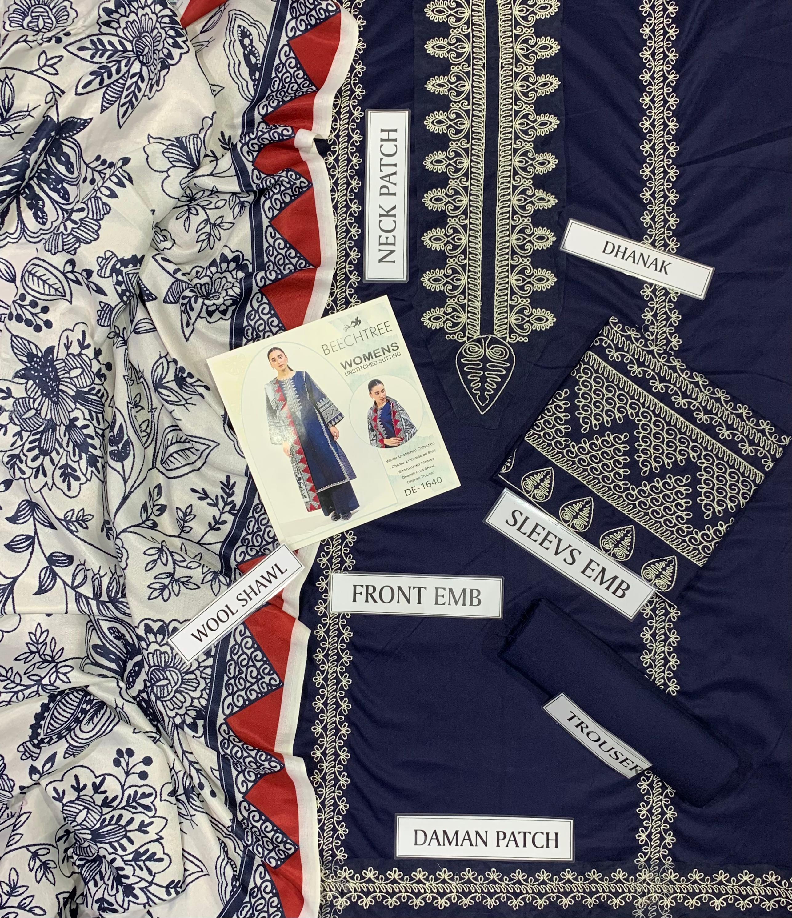 3 Piece - Dhanak Full Heavy Embroidered Suit with Digital Printed Soft Pashmina Wool Shawl (Unstitched)