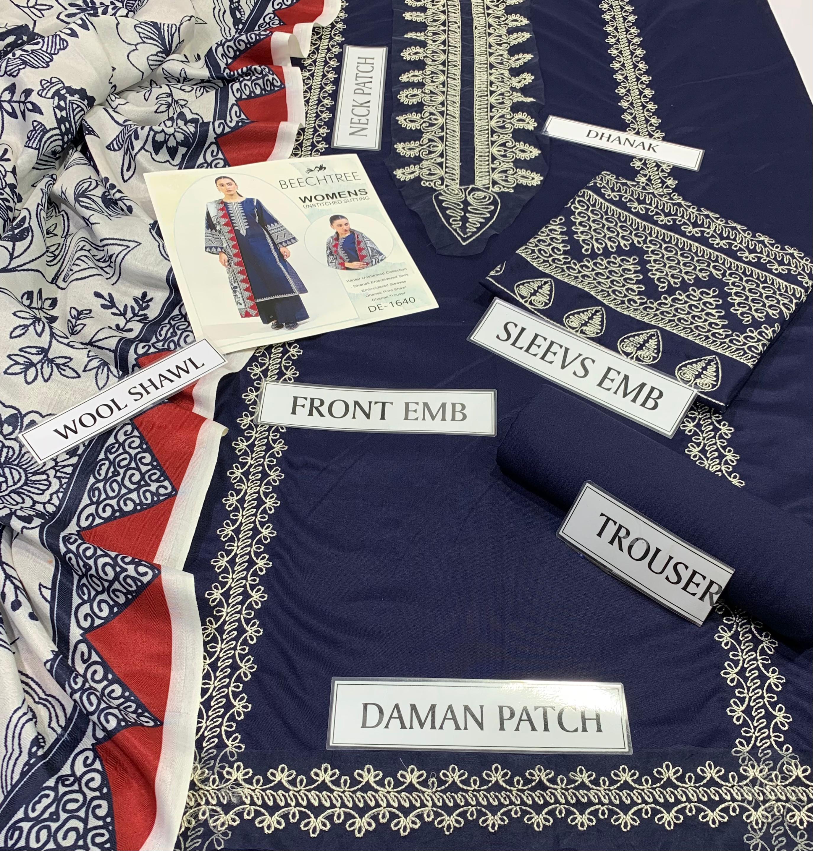 3 Piece - Dhanak Full Heavy Embroidered Suit with Digital Printed Soft Pashmina Wool Shawl (Unstitched)