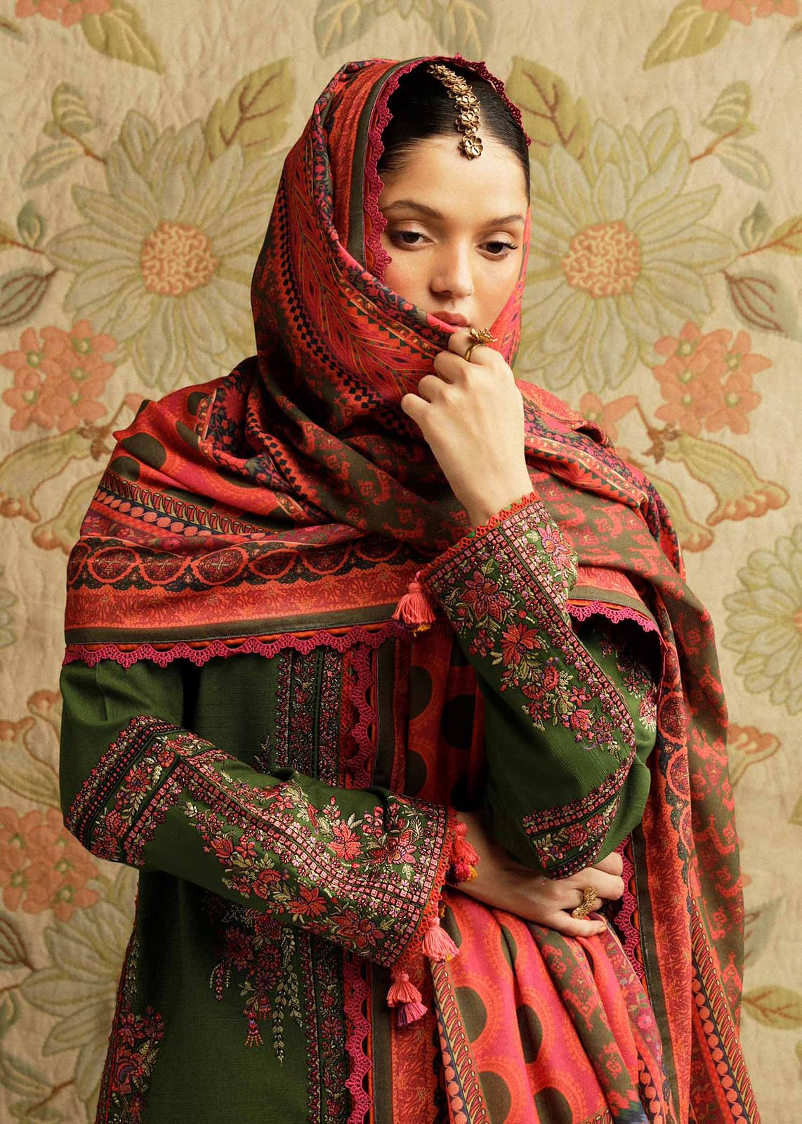 3 Piece - Dhanak Full Heavy Embroidered Suit with Digital Print Wool Shawl (Unstitched)