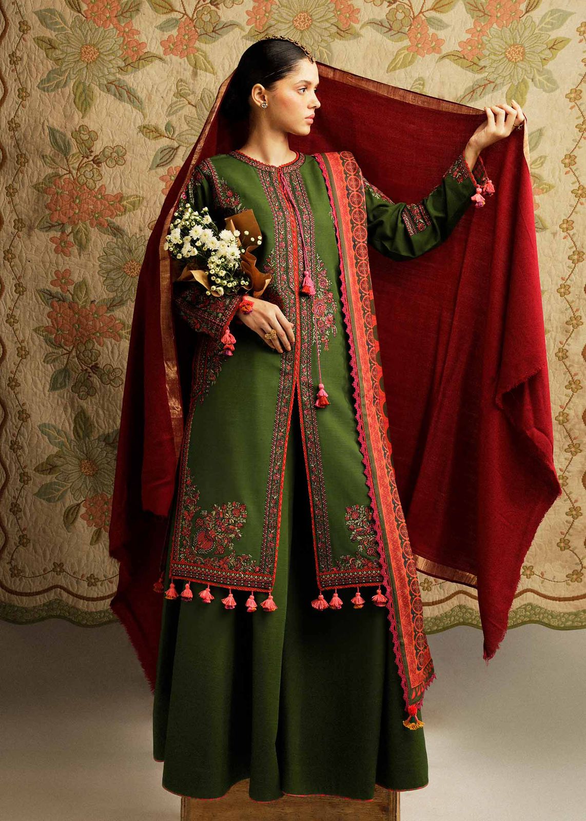 3 Piece - Dhanak Full Heavy Embroidered Suit with Digital Print Wool Shawl (Unstitched)