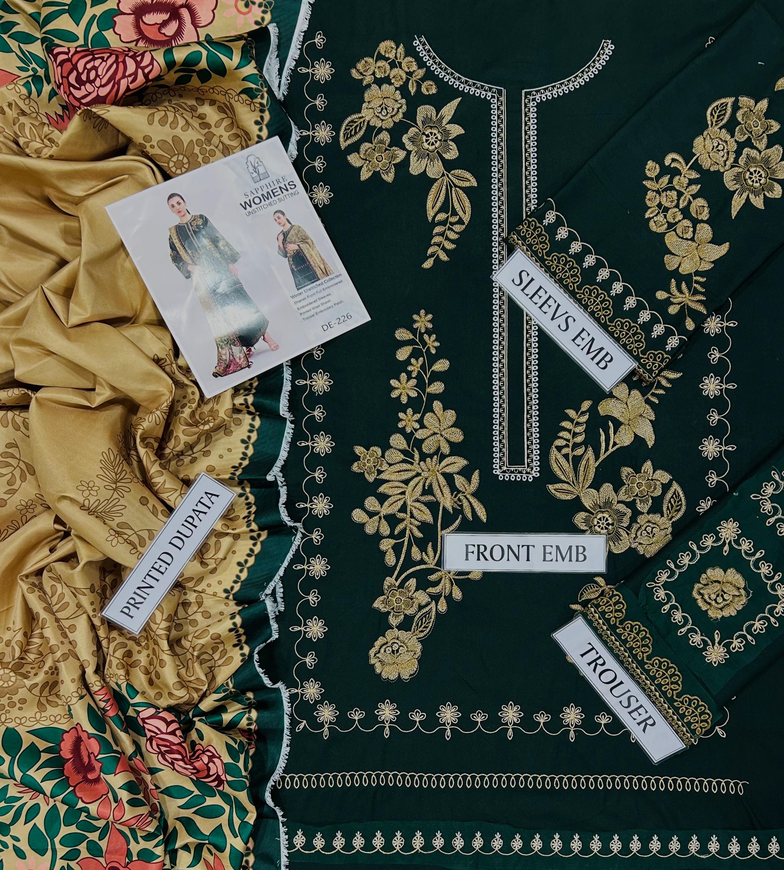 3 Piece - Sapphire Dhanak Full Heavy Embroidered Suit with Digital Printed Soft Pashmina Wool Shawl (Unstitched)
