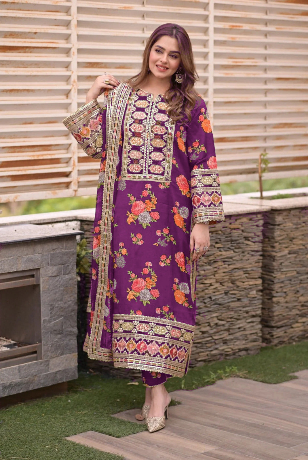 3 Piece - Silk Heavy Embroidered Suit with Silk Digital Print Embroidered Duppatta (Unstitched)