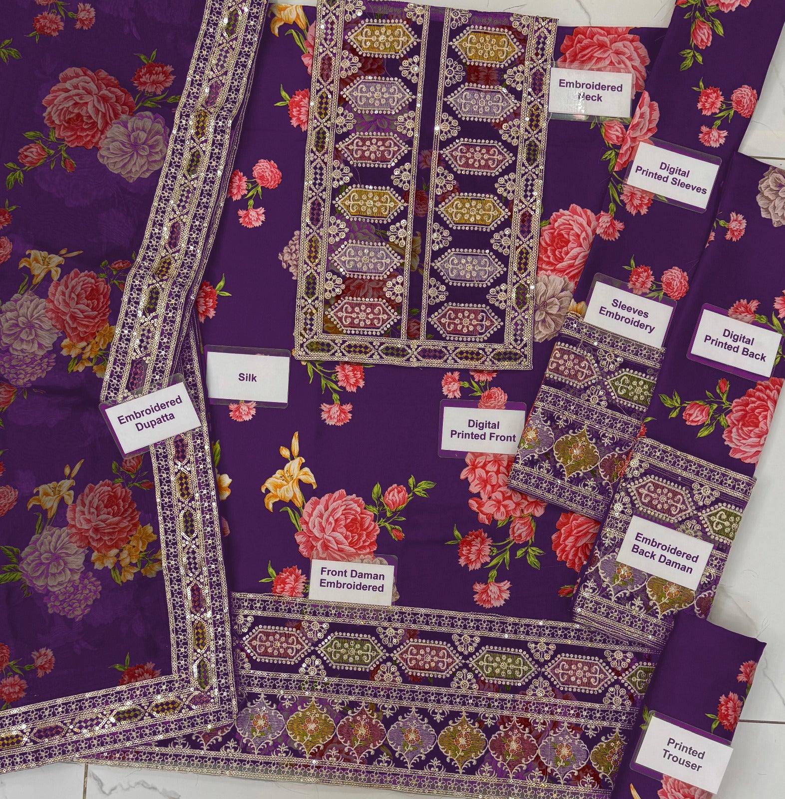 3 Piece - Silk Heavy Embroidered Suit with Silk Digital Print Embroidered Duppatta (Unstitched)