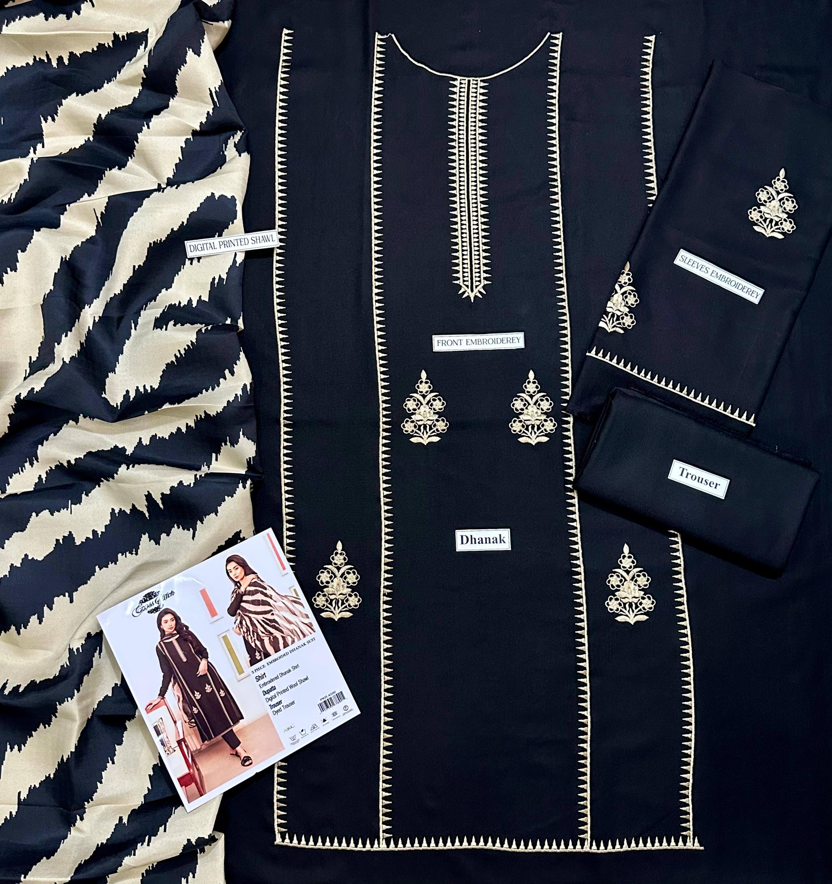 3 Piece - Dhanak Full Heavy Embroidered Suit with Dhanak Digital Printed Dupatta (Unstitched)