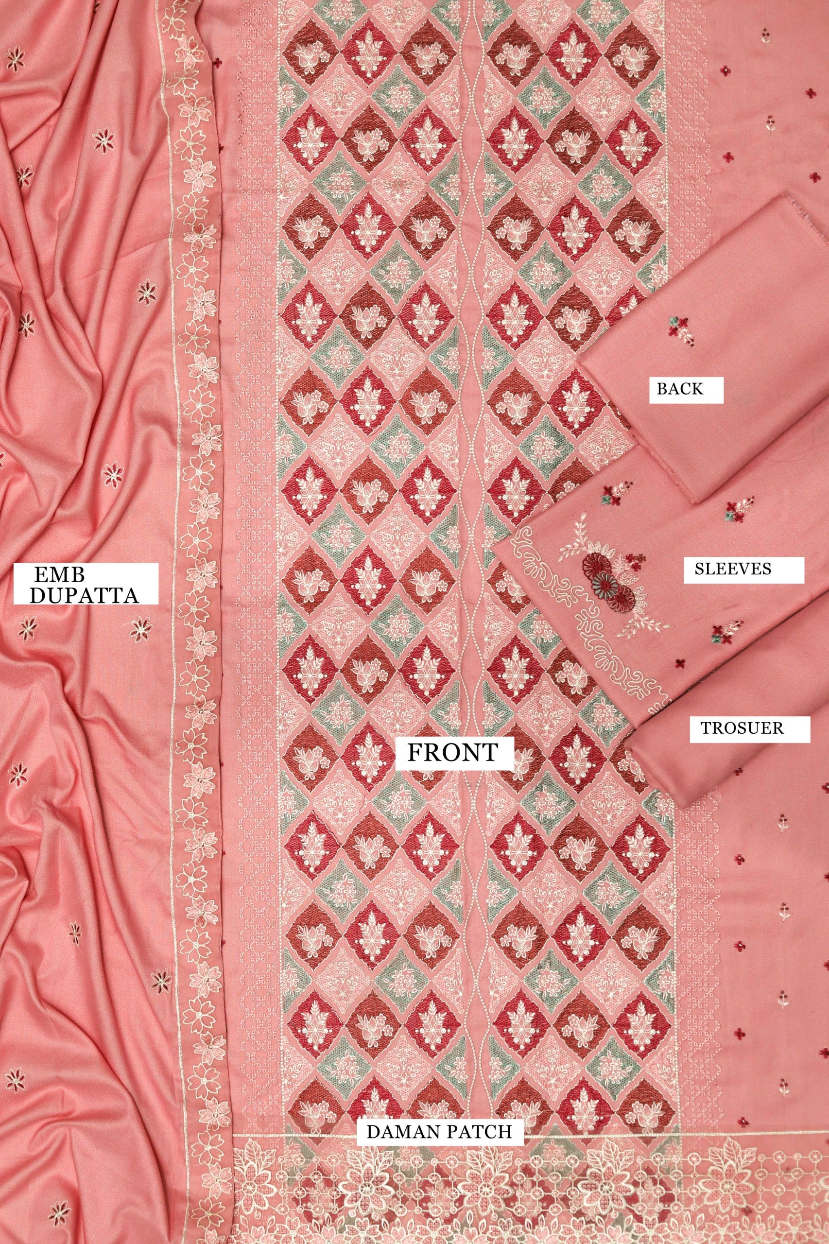 3 Piece - Dhanak Full Heavy Embroidered Suit with Embroidered Dhanak Shawl (Unstitched)