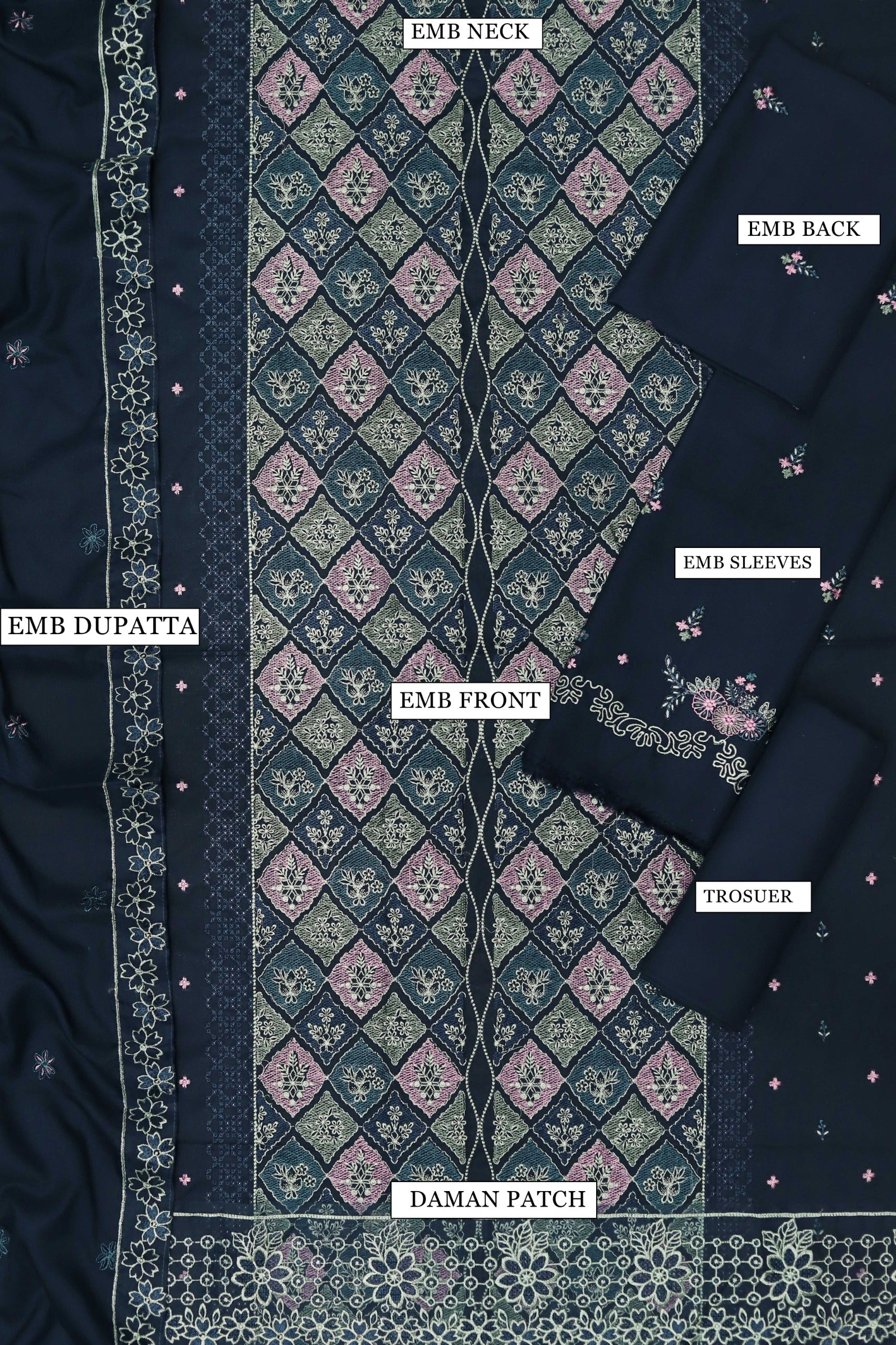 3 Piece - Dhanak Full Heavy Embroidered Suit with Embroidered Dhanak Shawl (Unstitched)