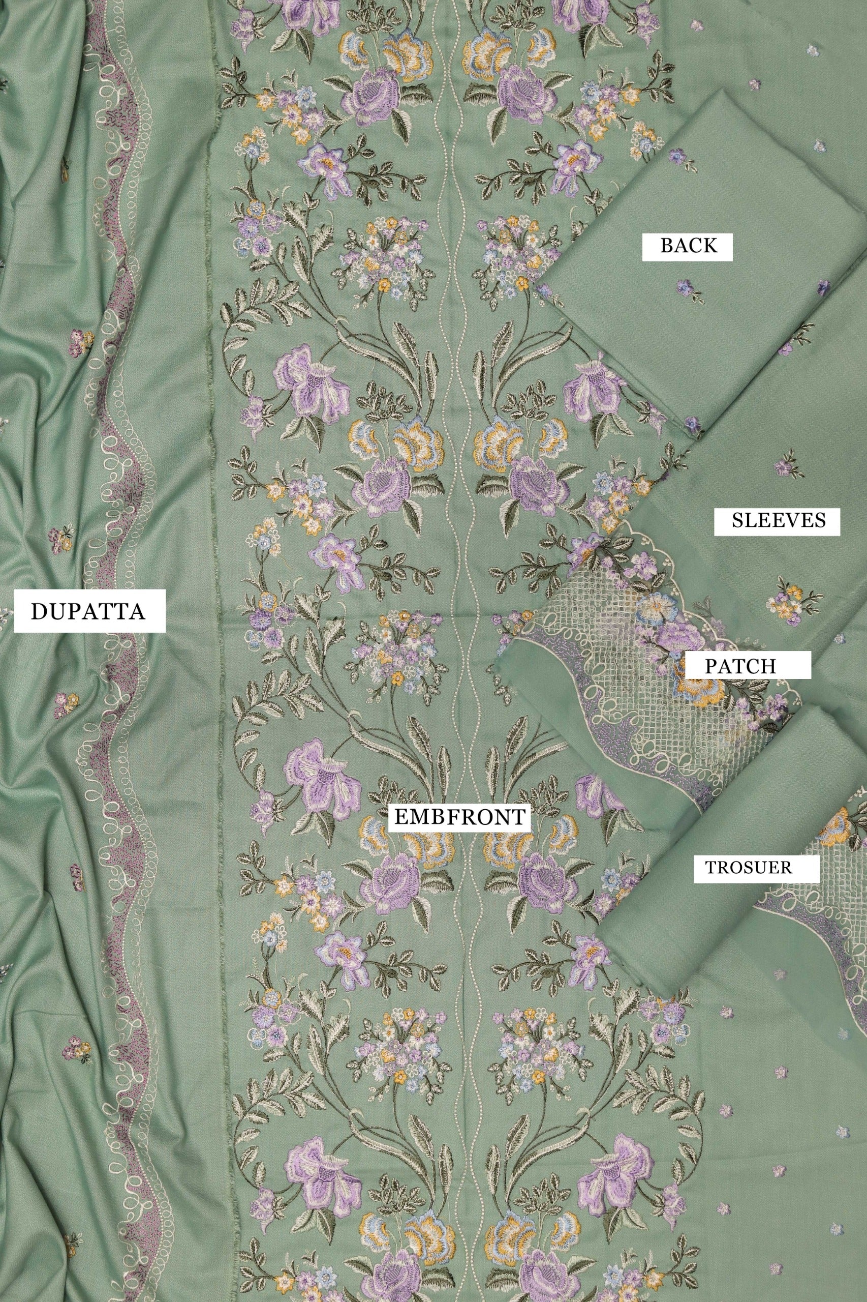 3 Piece - Dhanak Full Heavy Embroidered Suit with Embroidered Dhanak Shawl (Unstitched)