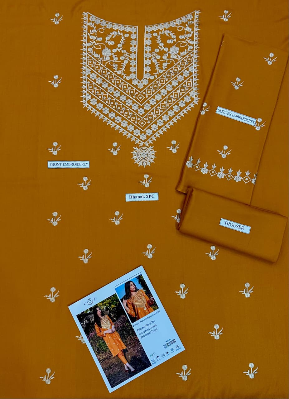 2 Piece - Dhanak Full Heavy Embroidered Suit with Dhanak Embroidered Trouser (Unstitched)