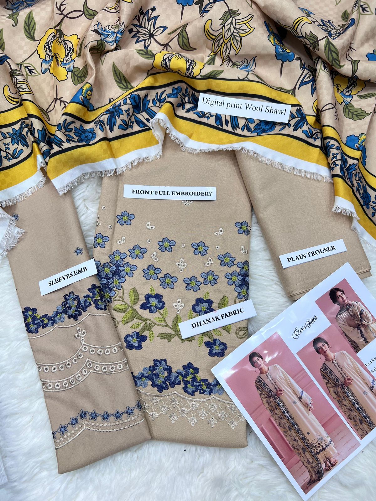 3 Piece - Cross Stitch Dhanak Embroidered Suit with Digital Printed Wool Shawl (Unstitched)