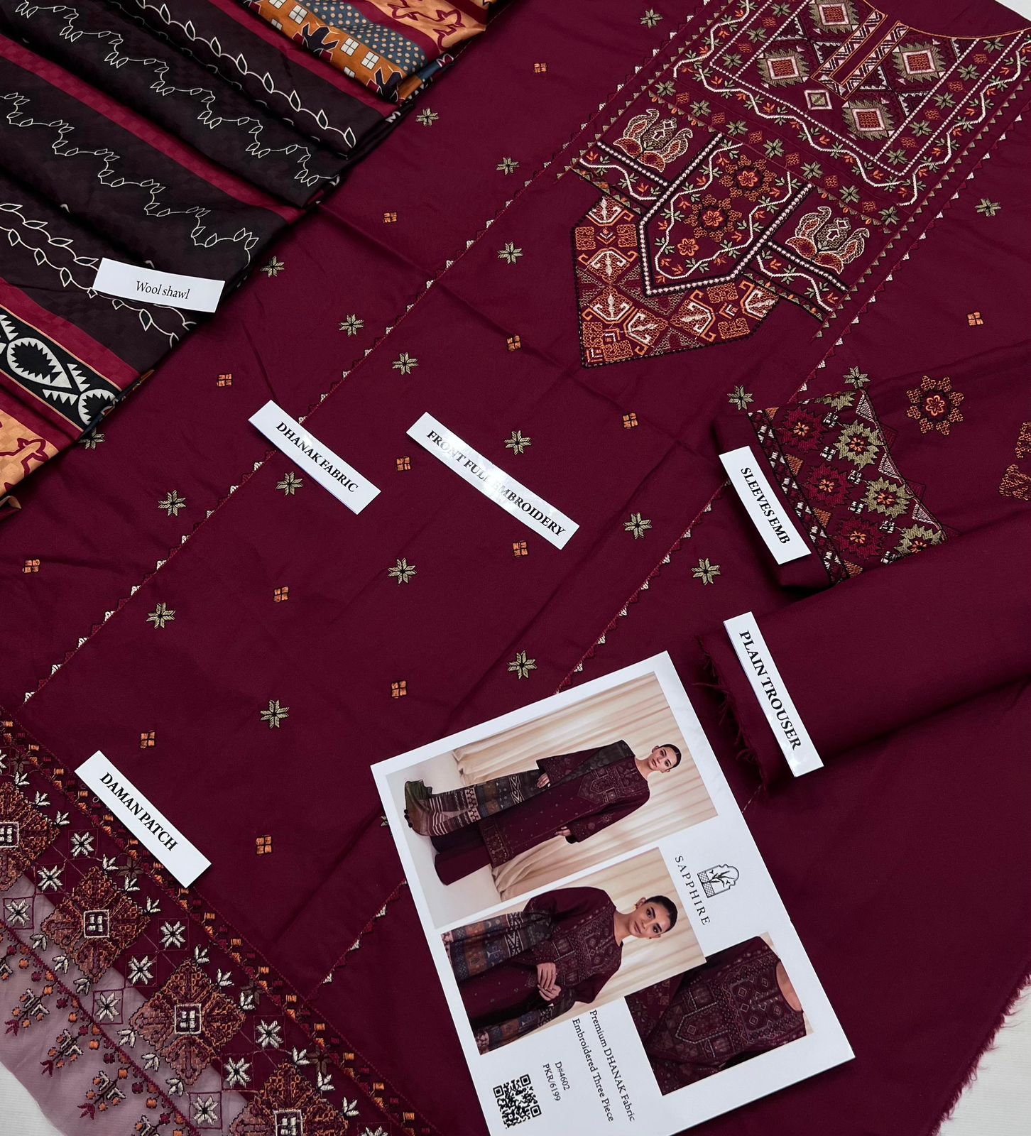 3 Piece - Dhanak Embroidered Suit with Digital Printed Wool Shawl (Unstitched)