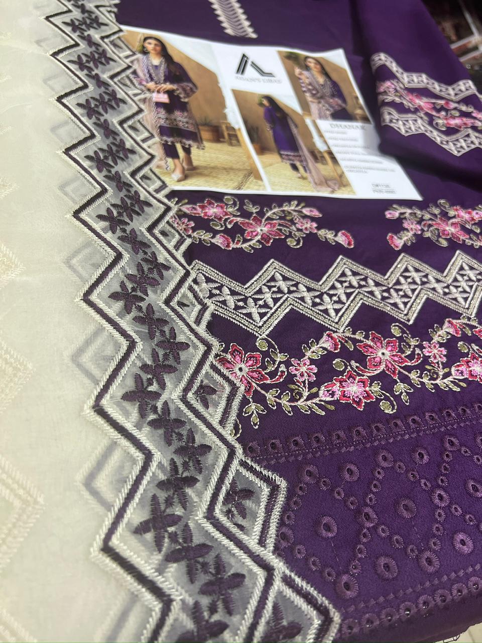 3 Piece - Dhanak Embroidered Suit with Organza Cut Work Embroidered Dupatta (Unstitched)