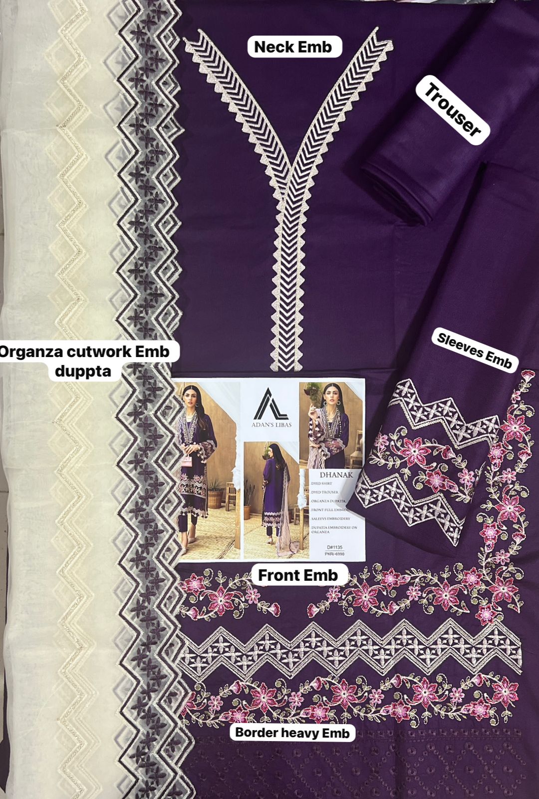 3 Piece - Dhanak Embroidered Suit with Organza Cut Work Embroidered Dupatta (Unstitched)