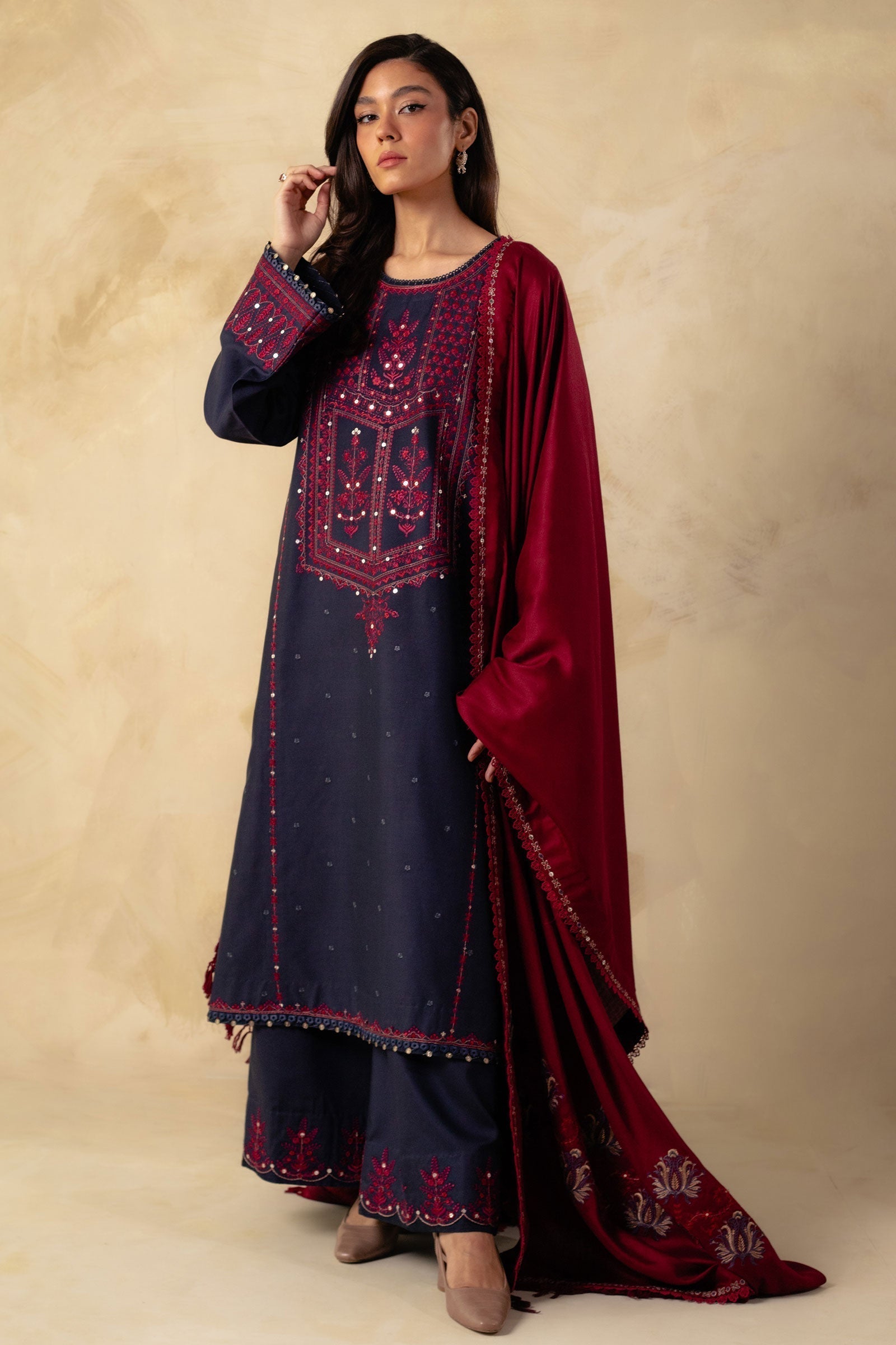 3 Piece - Dhanak Embroidered Suit with Dhanak Heavy Luxury Embroidered Shawl (Unstitched)
