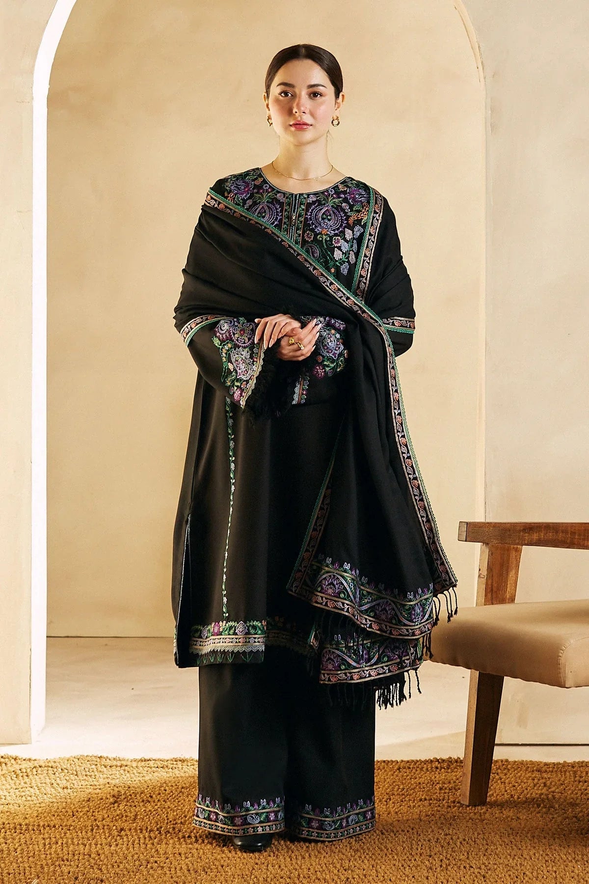 3 Piece -  Zara Shahjahan Dhanak Full Heavy Embroidered Suit with Dhanak Embroidered Shawl (Unstitched)