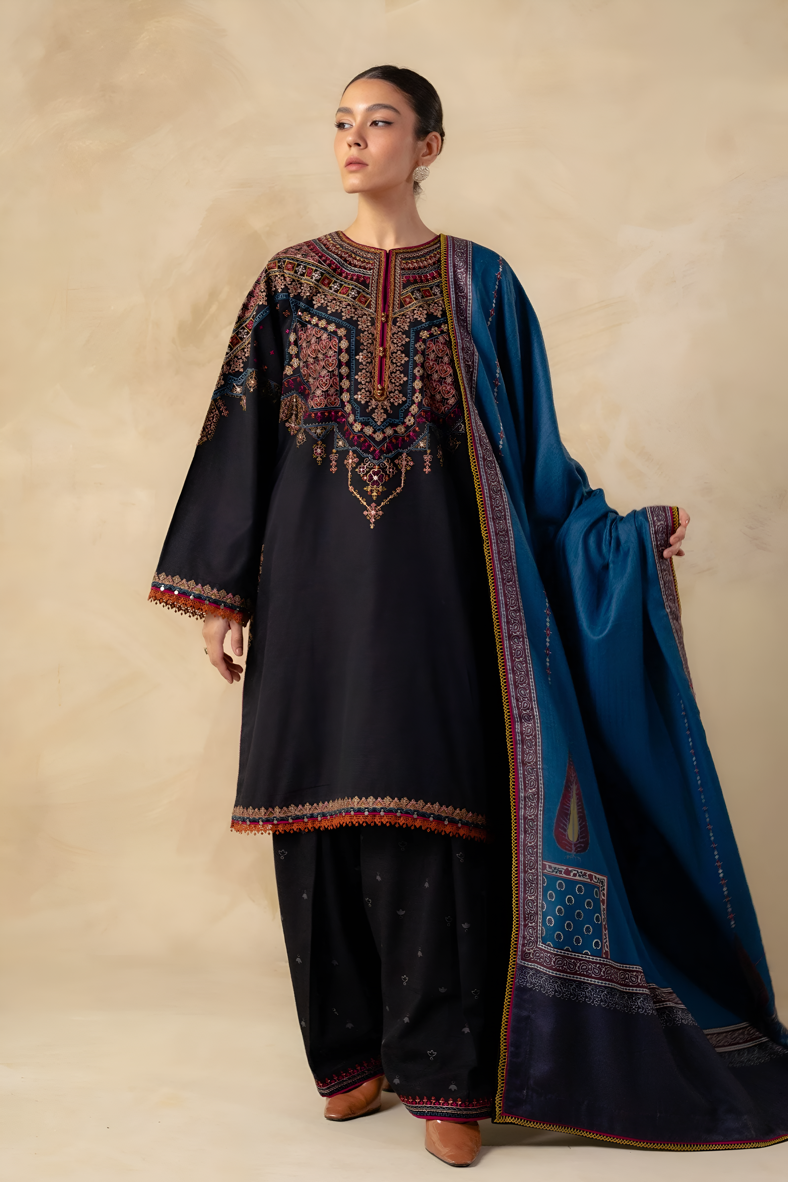 3 Piece - Dhanak Embroidered Suit with Pashmina soft Shawl (Unstitched)