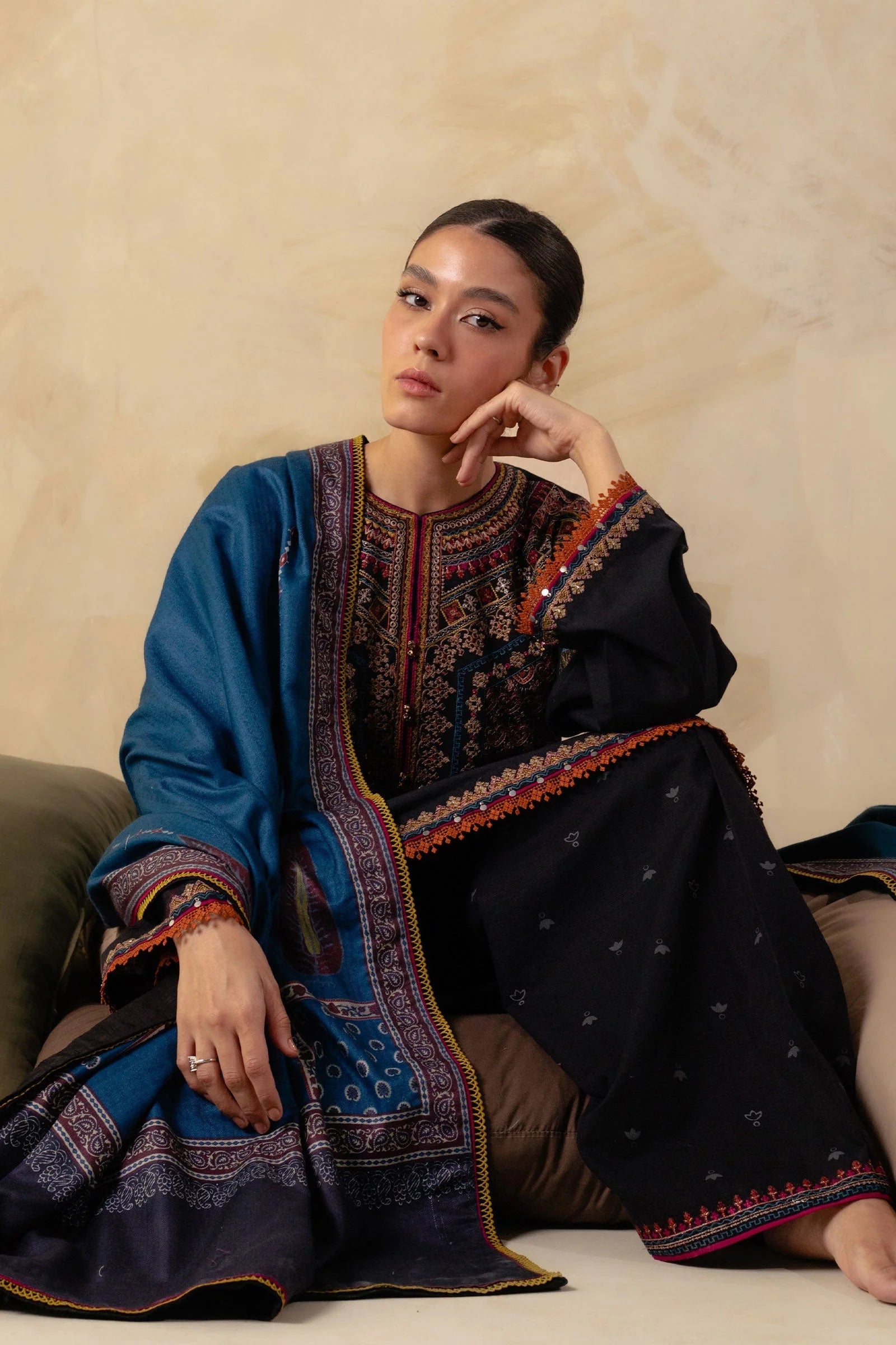 3 Piece - Dhanak Embroidered Suit with Pashmina soft Shawl (Unstitched)