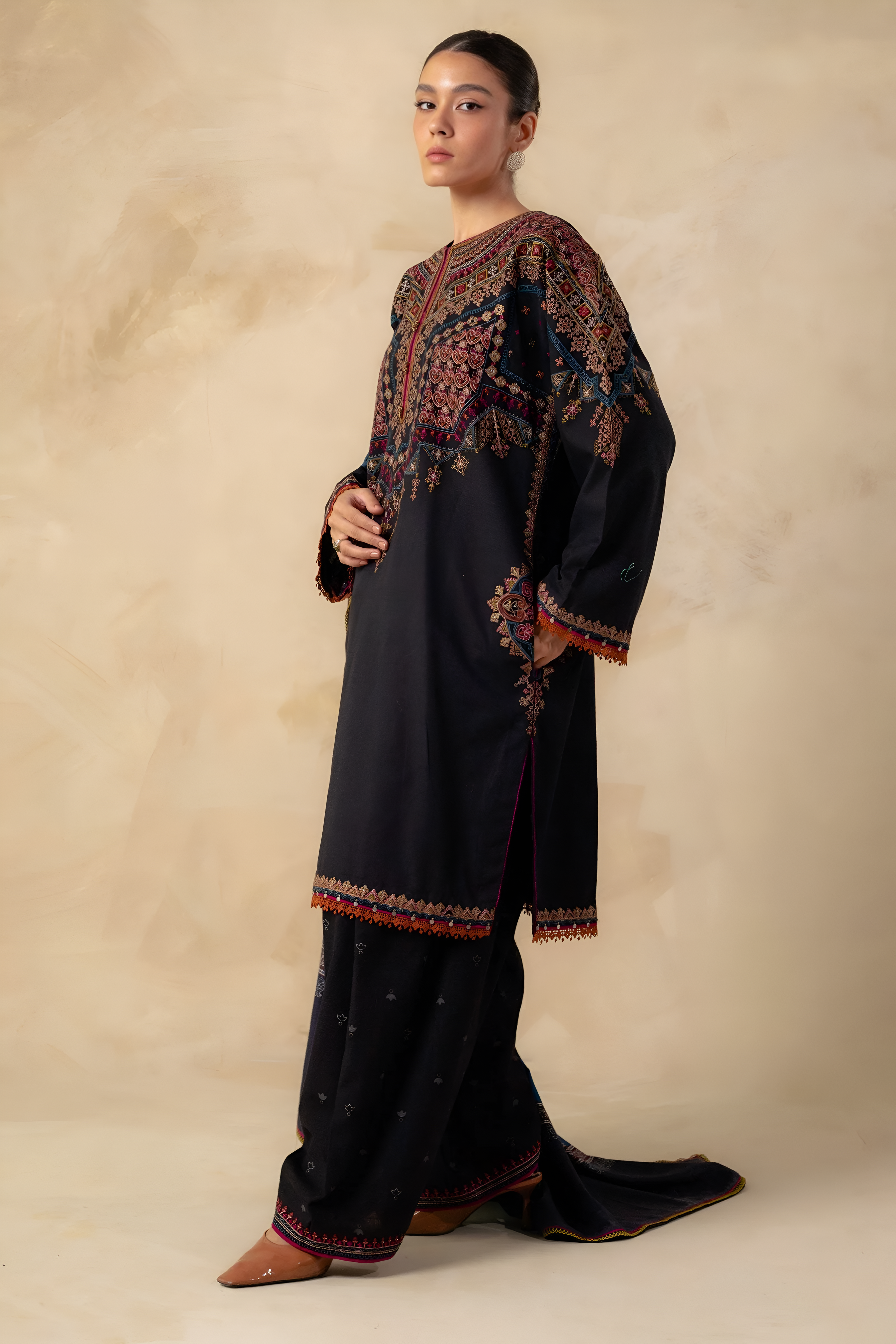 3 Piece - Dhanak Embroidered Suit with Pashmina soft Shawl (Unstitched)