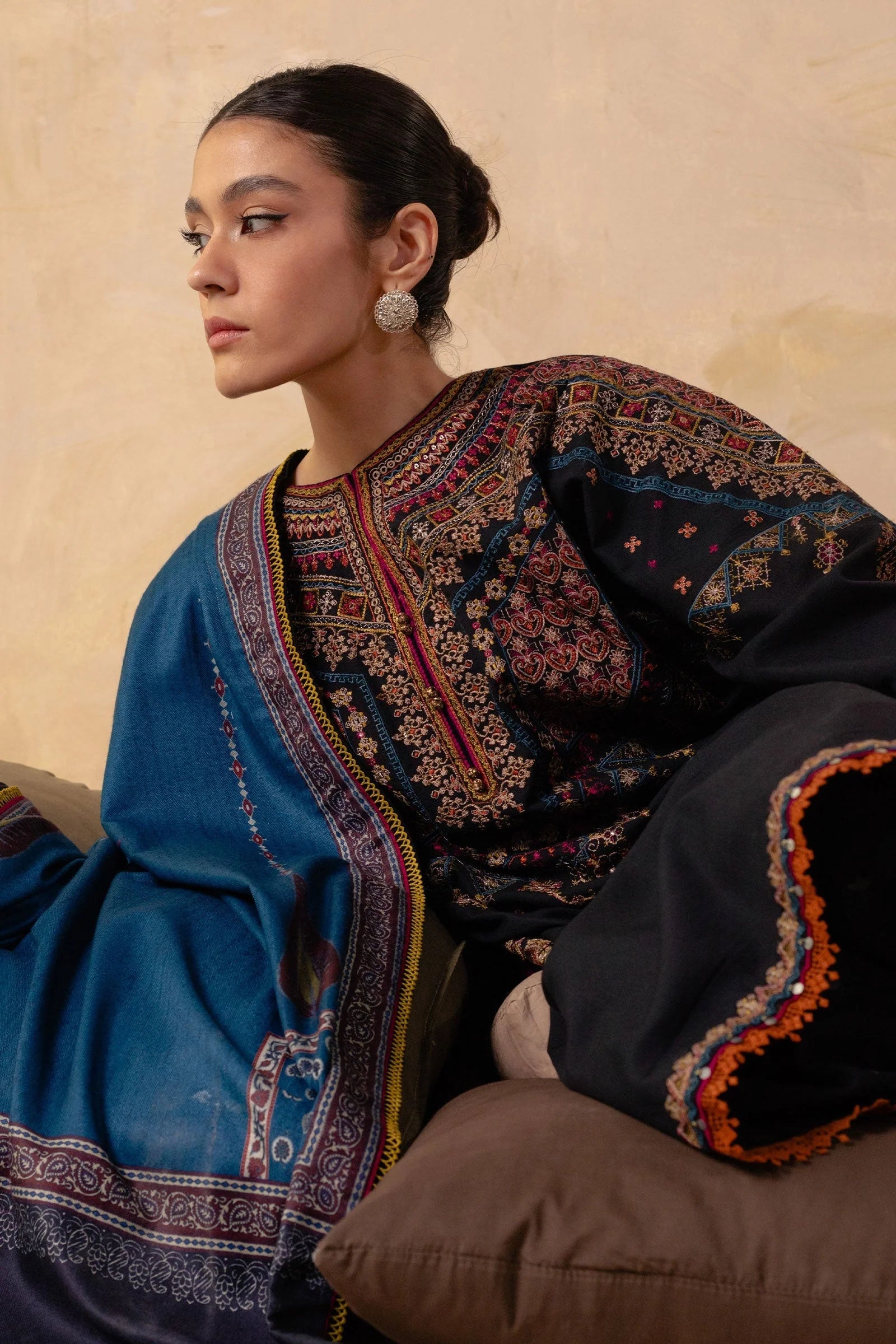 3 Piece - Dhanak Embroidered Suit with Pashmina soft Shawl (Unstitched)
